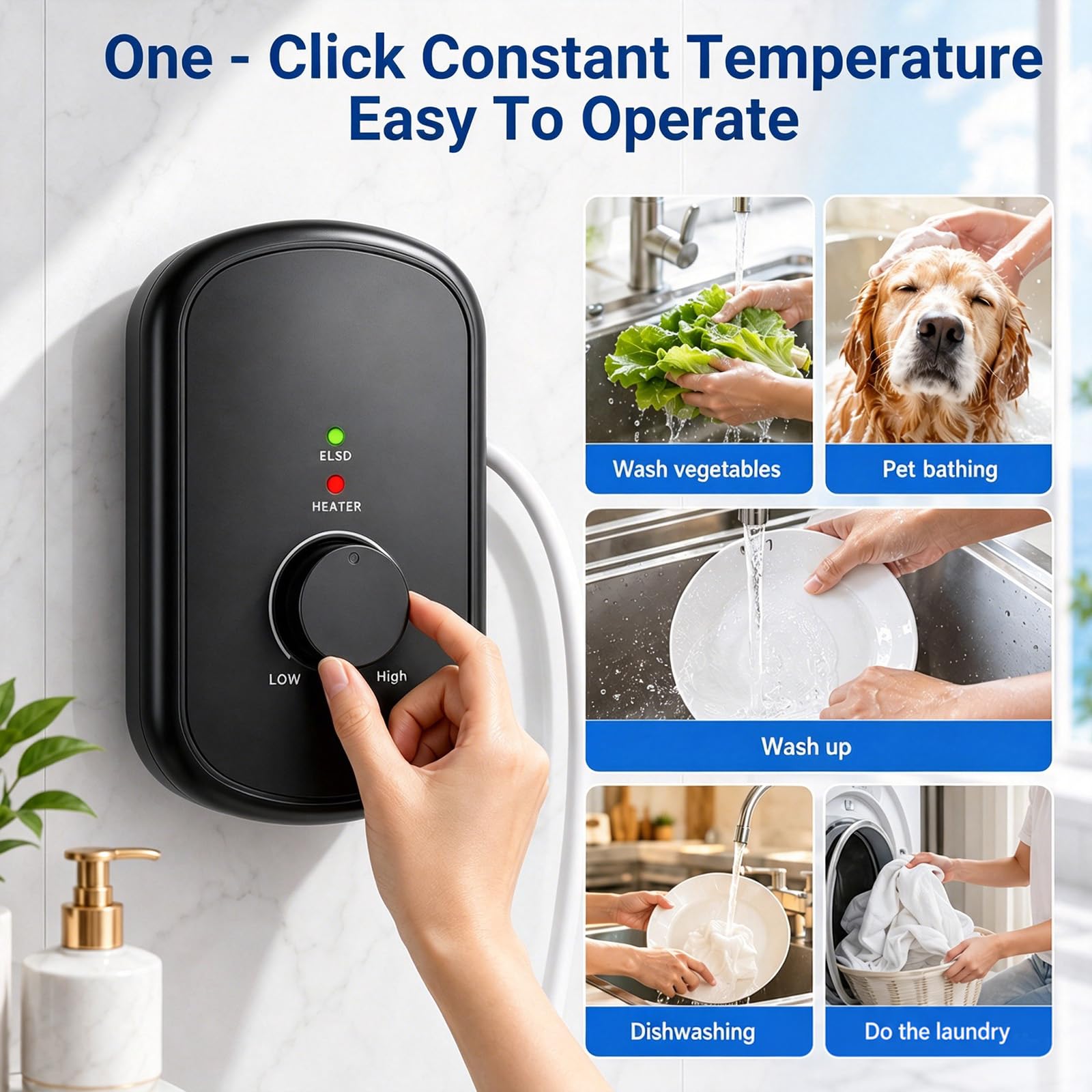Durchlauferhitzer 5500W 230V, Mini Instant Warmwasserbereiter für Dusche, IPX4 wasserdicht, Elektrischer Untertisch-Wassererhitzer mit LED-Temperaturanzeige 30-52°C für Bad & Küche (Schwarz)