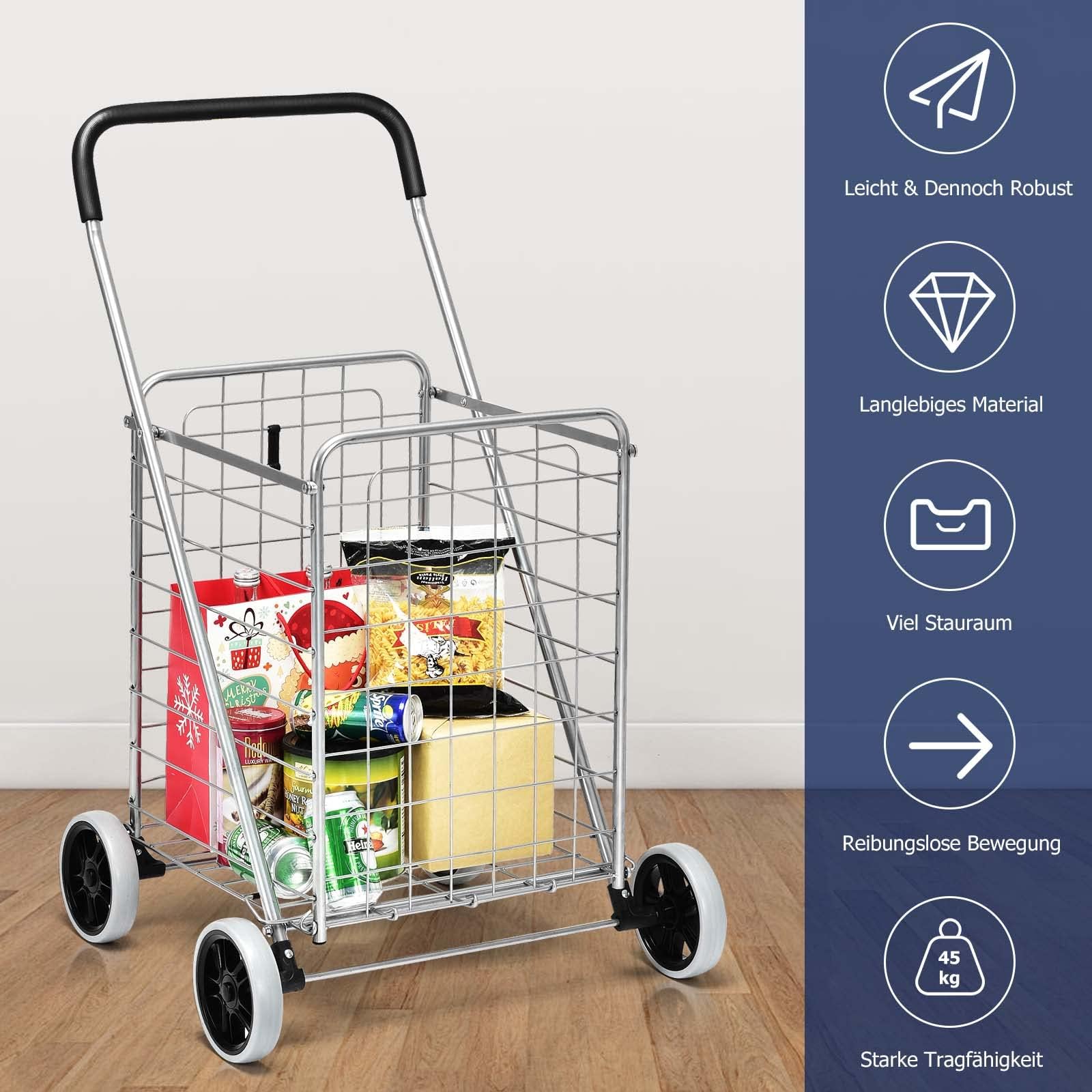 COSTWAY Klappbarer Einkaufstrolley, Einkaufswagen auf Rollen, 45 kg belastbar, 83L, Tragbarer Handwagen, Rollwagen Allzweckwagen für Wäsche, Einkaufen, Gepäck (Silber)