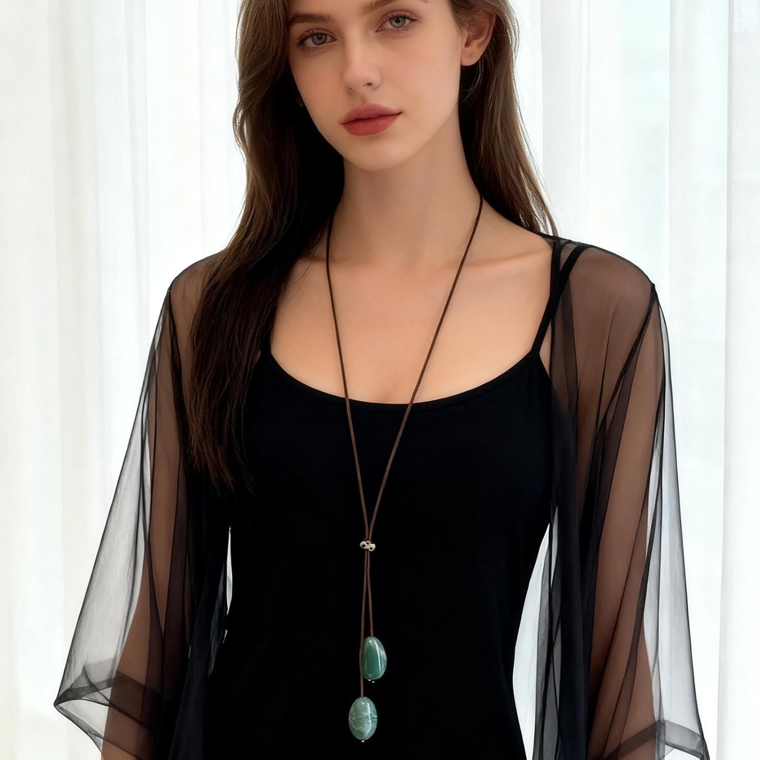 Boho Long Leather Necklace for Women Green Resin Stone Pendant Necklace Vintage Sweater Necklaces Hippie Handmade Necklaces Jewelry Accessories - Image 7