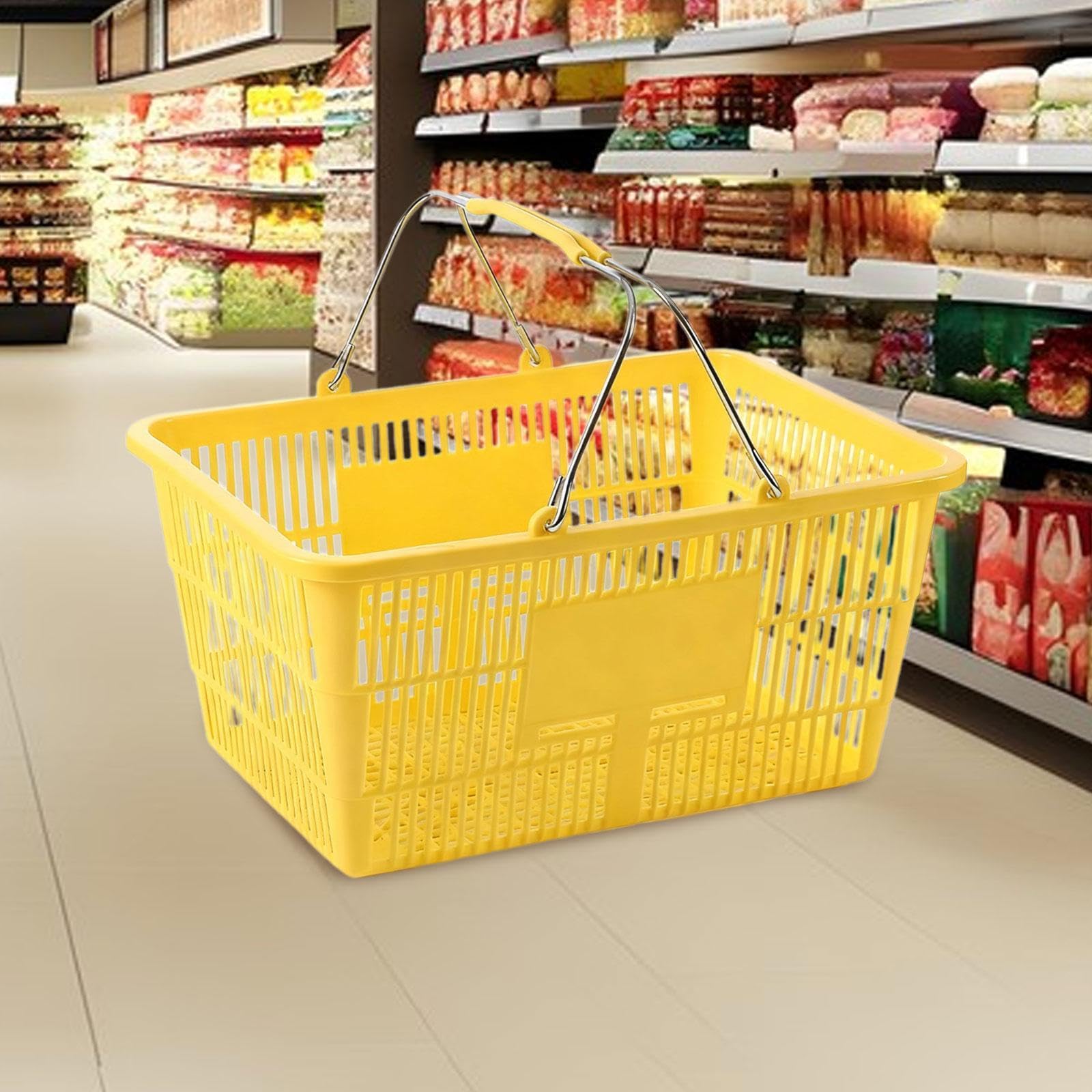 Panier de Courses avec Poignée Métal, Panier Supermarché en Plastique Renforcé, Grande Capacité, pour Commerce, Épicerie et Rangement Maison, Rectangulaire, 42x30 cm, Jaune