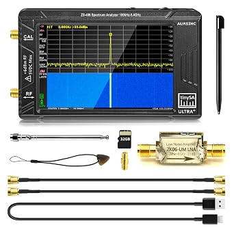 AURSINC 2025 Upgraded 4.0 Inch TinySA Ultra+ ZS406 Spectrum Analyzer 100kHz-5.4GHz HW V0.4.6 with ZK06-UM Low Noise Amplifier LNA Module, Broadband, 10M6GHz, 21dB Gain, USB Interface Powered