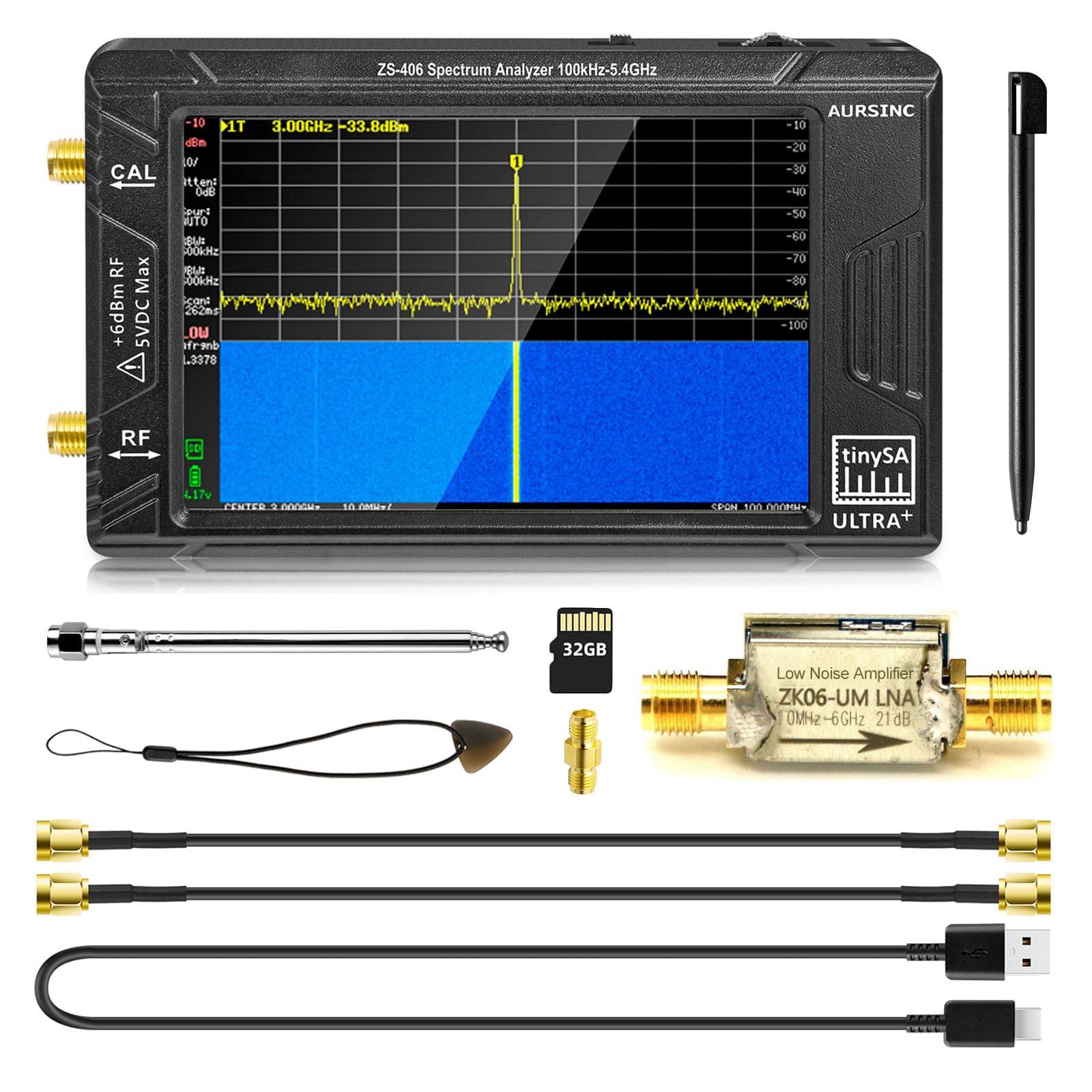 AURSINC TinySA Ultra+ ZS406 Spectrum Analyzer with ZK06-UM 21dB LNA Module 10M‑6GHz, 4.0 inch 5.4GHz Handheld Tiny Frequency Analyzer 100kHz to 900MHz