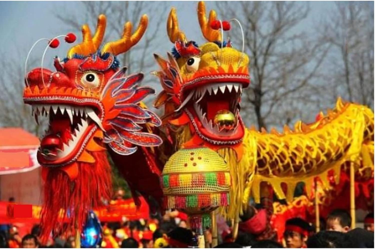 Costume Danza Del Leone Cinese - Completo Testa+Coda+Pantaloni, Rosso, Per Festival E Benedizioni - Foto 5