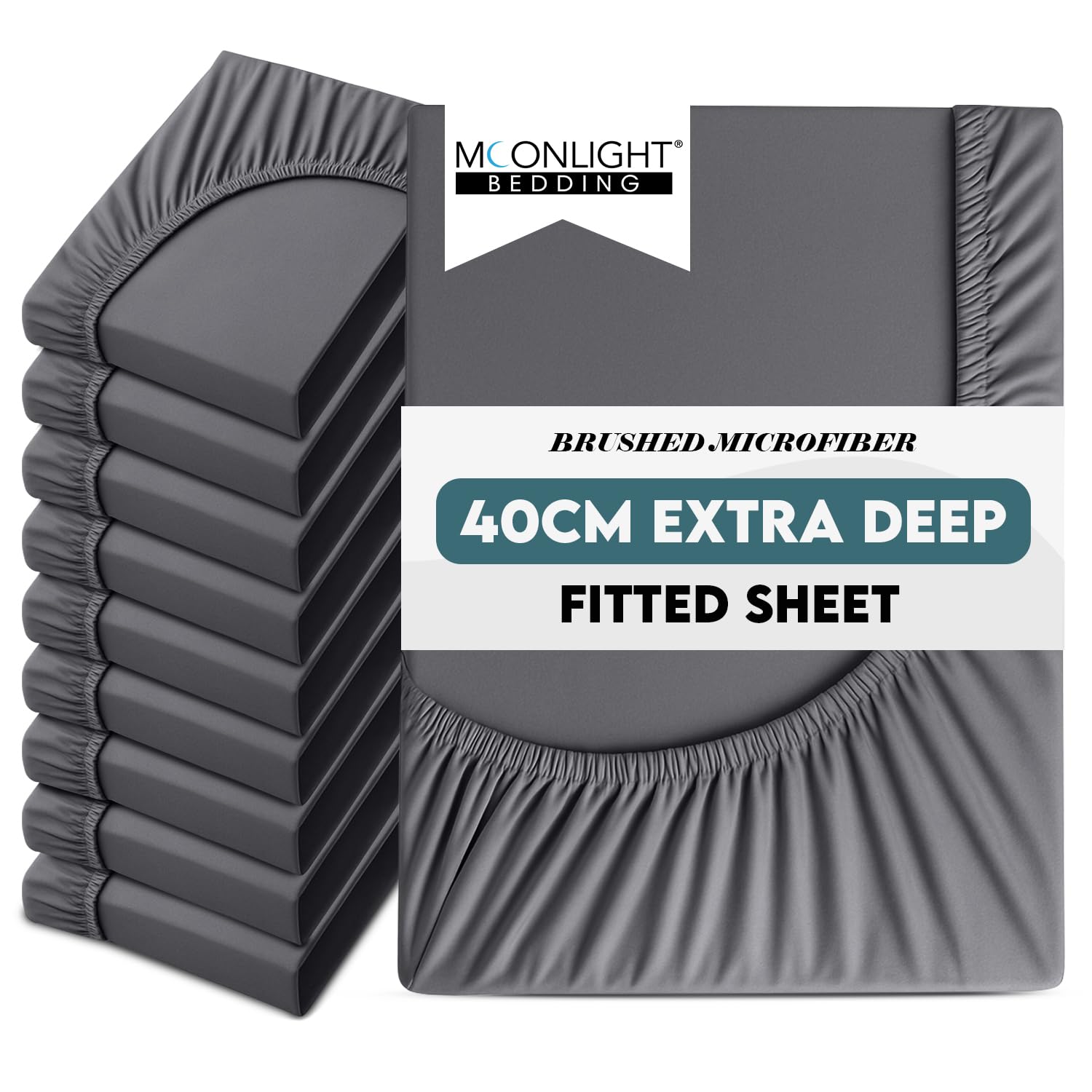 Moonlight Bedding King Size Deep Fitted Sheet 10 Pack 40CM Charcoal Bedsheet with Elastic Corners 16 Inch Extra Deep Pocket Brushed Microfiber Easy Care Breathable Shrinkage Fade-Resistant โ image 1