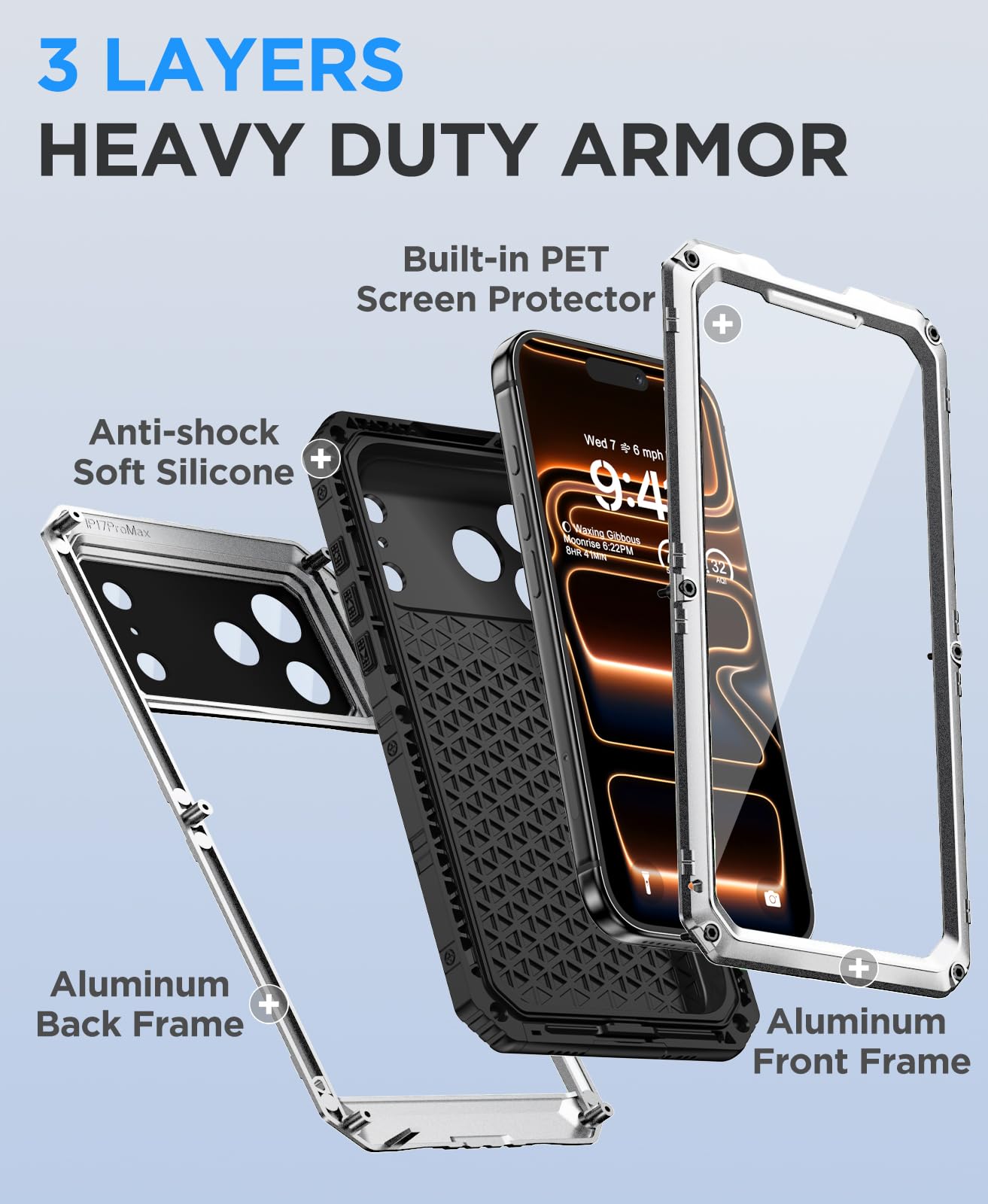 Beeasy Funda para iPhone 17 Pro MAX Impermeable IP68 360°, Carcasa Metálica Armor Militar Antigolpes, Protección Irrompible Resistente Antipolvo Sumergible Acuatica Estanca Waterproof Case, Plateado