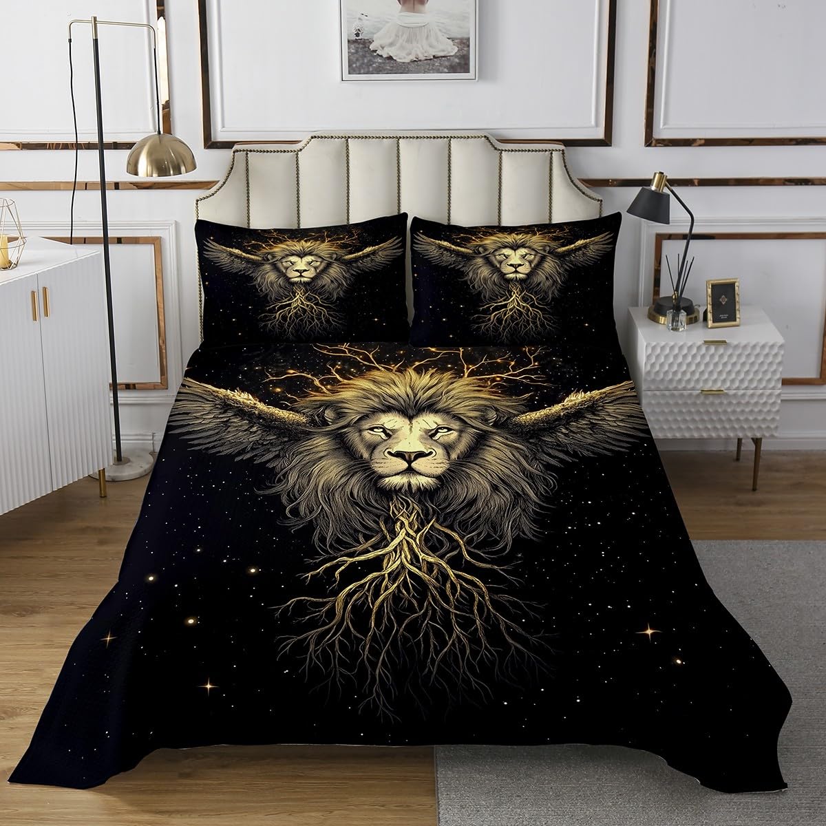 Castle Fairy Lion Bedspread Twin Size Bedding for Kids Teens Bedroom Wildlife Animal Wings Decor Coverlet Set Modern Fashion Artwork Quilt Set for All Season,2 Pcs with 1 Pillowcase