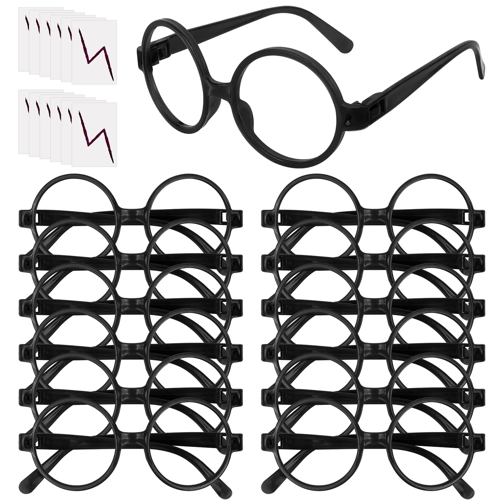 CHRORINE 12PCS Wizard Glasses without Lenses and 12PCS Lightning Bolt Tattoos Wizard Party Favors for Boys Girls School Decor Theme Halloween Supplies