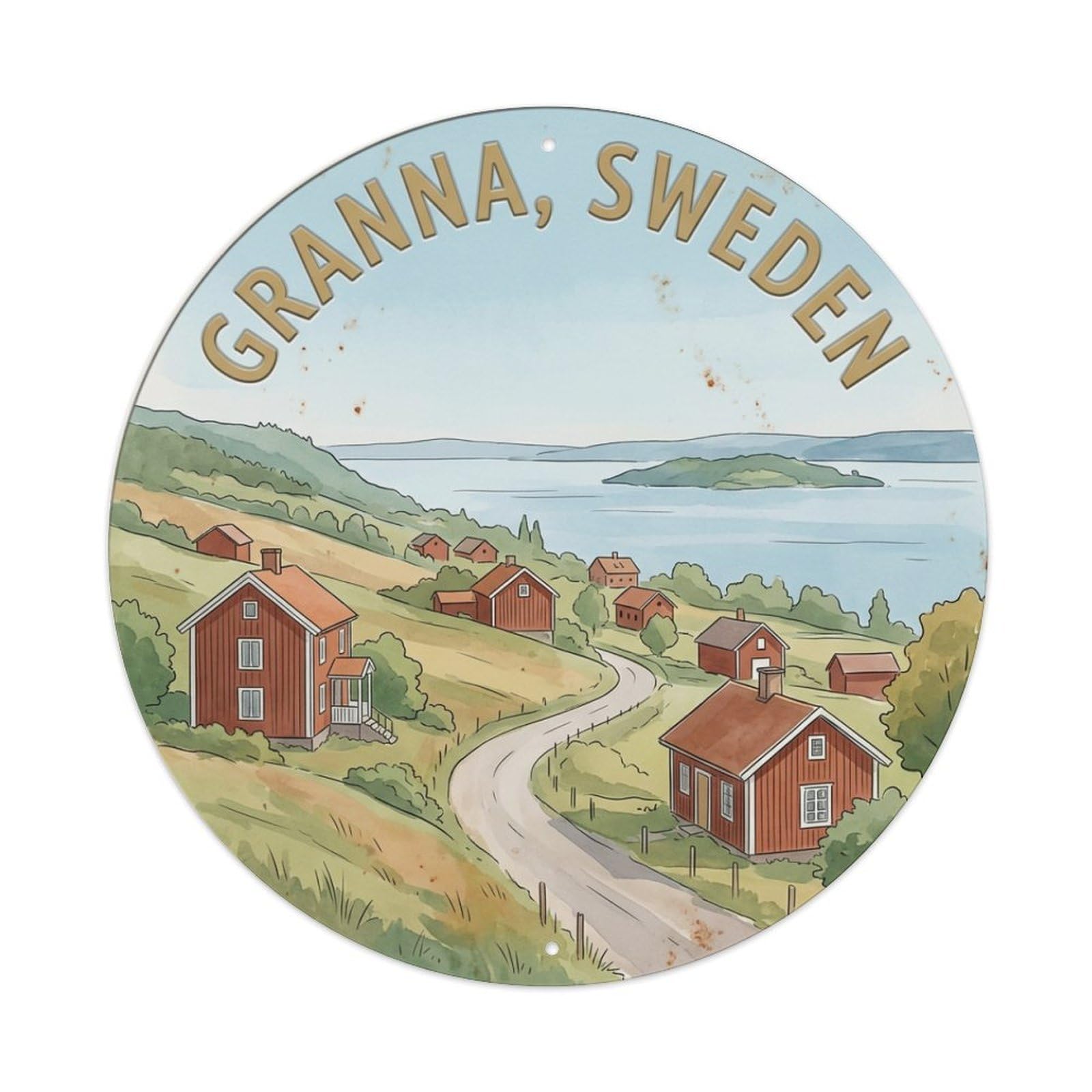 Vintage Travel Granna Sweden Hillside Metal Tin Sign