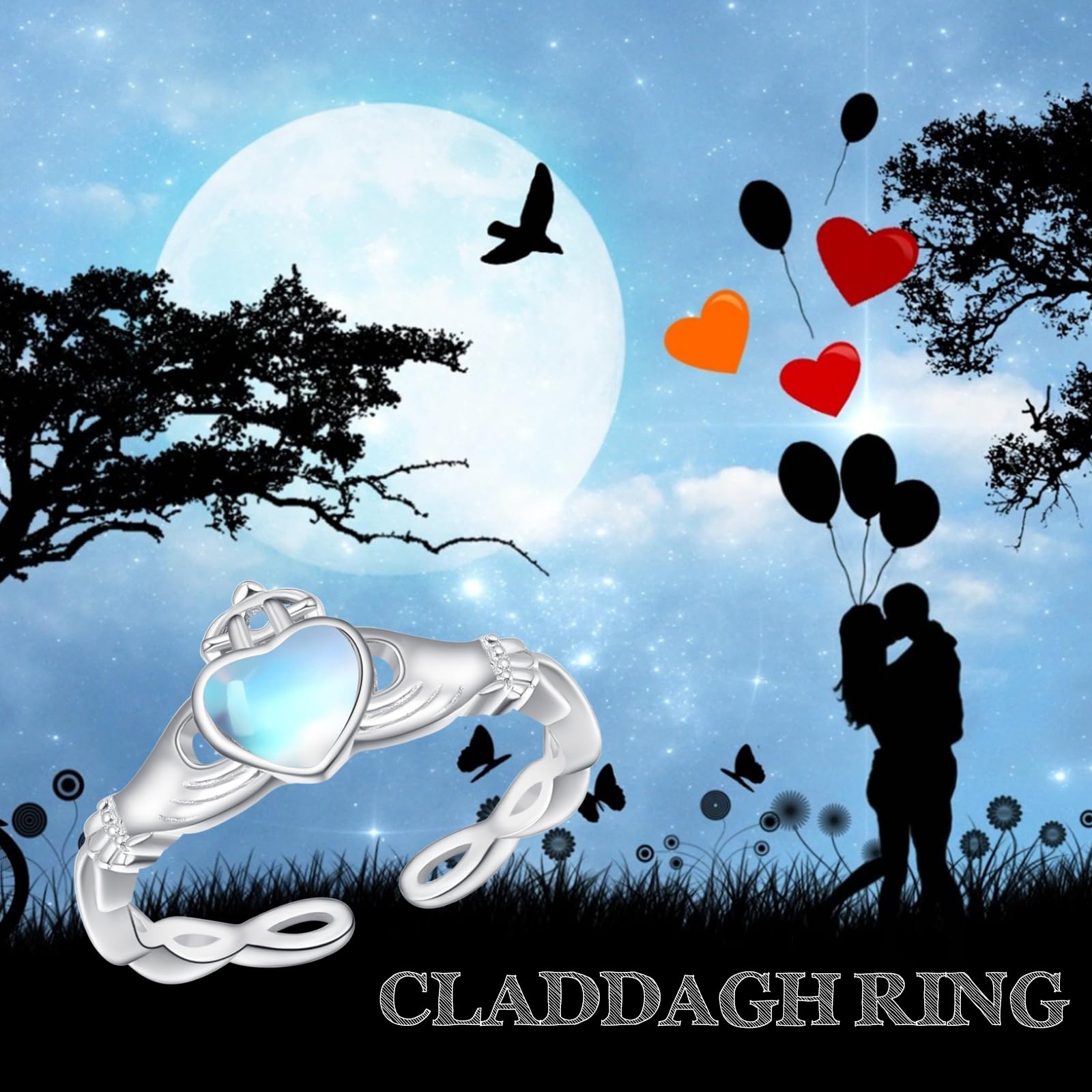 KINGWHYTE Claddagh Ringe für Frauen 925 Sterling Silber Mondstein Liebe Herz Ring Verstellbare Ringe Verlobung Hochzeit Offener Ring Mondstein Schmuck Geschenke