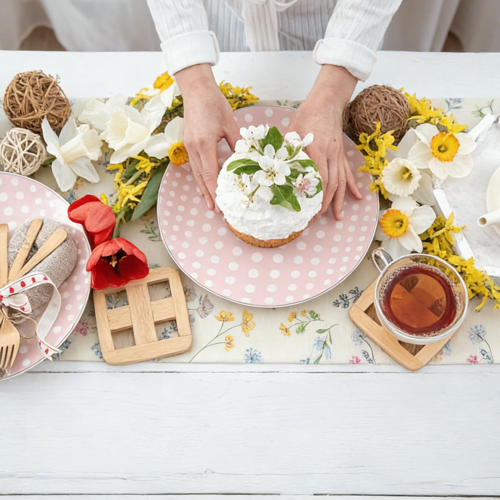 Spring Table Runner, Linen Flower Table Runner Seasonal Spring Kitchen Dining Table Decoration for Home Party Decor 40 x 180cm — view 4