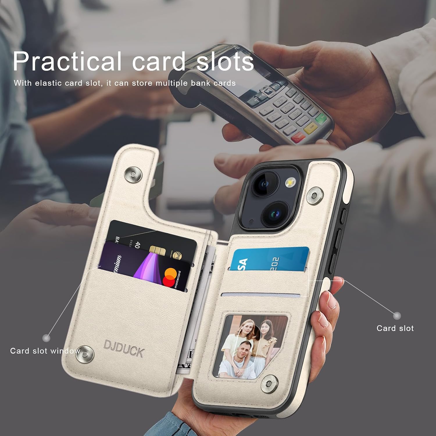 DJDUCK Designed for iPhone 15 Case Wallet with Card Holder, [Magnetic Clasp Cover] [RFID Blocking Leather Protection] Shockproof Women Men Cases 6.1 Inch for Apple 15 White image 3