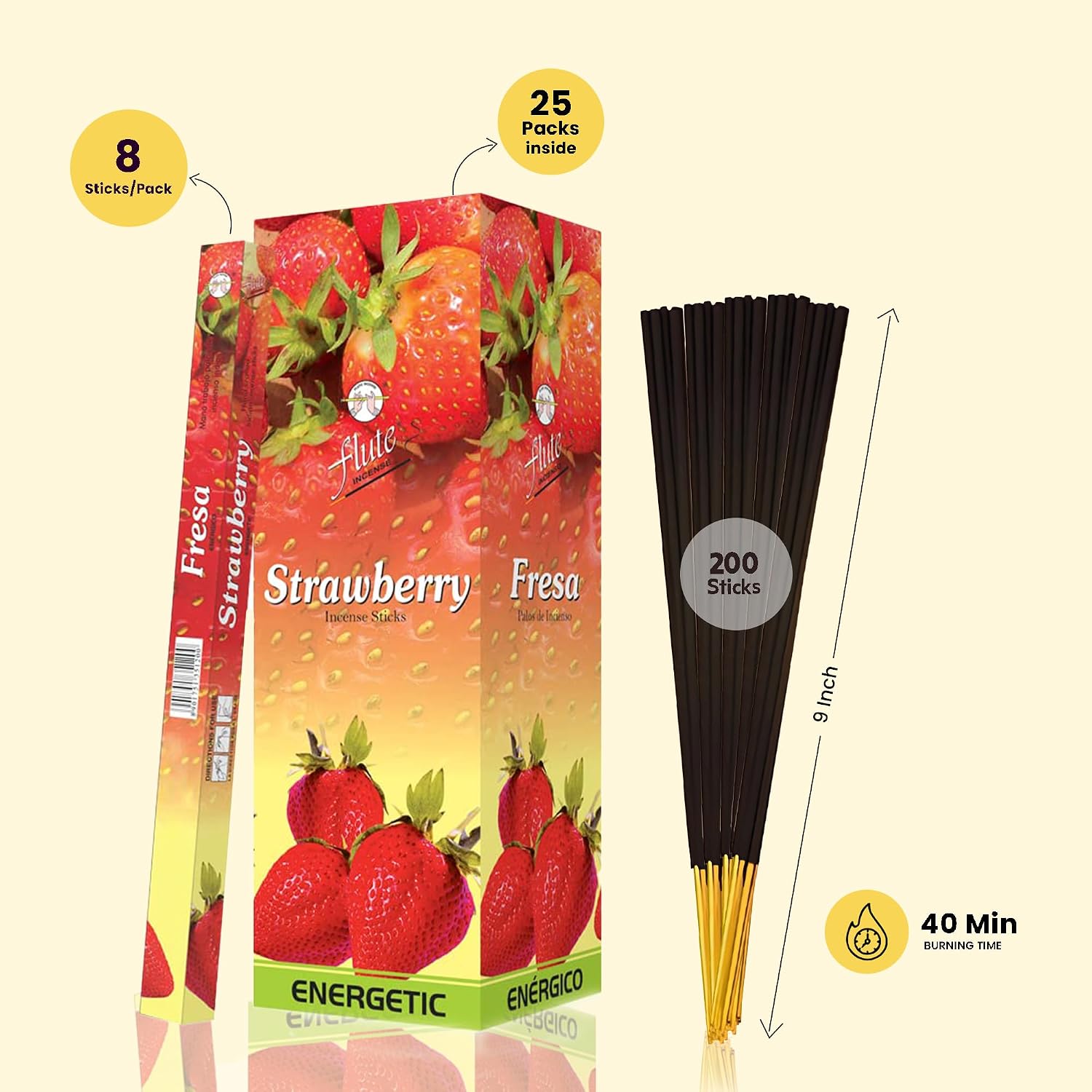 Flute Strawberry Incense Sticks – Sweet Fruity Aroma for Freshness, Mood Uplift & Odor Control – 8 Sticks/Pack, 25 Packs/Box (9 Inch, 200 Sticks) | 40 Minutes Burn Time