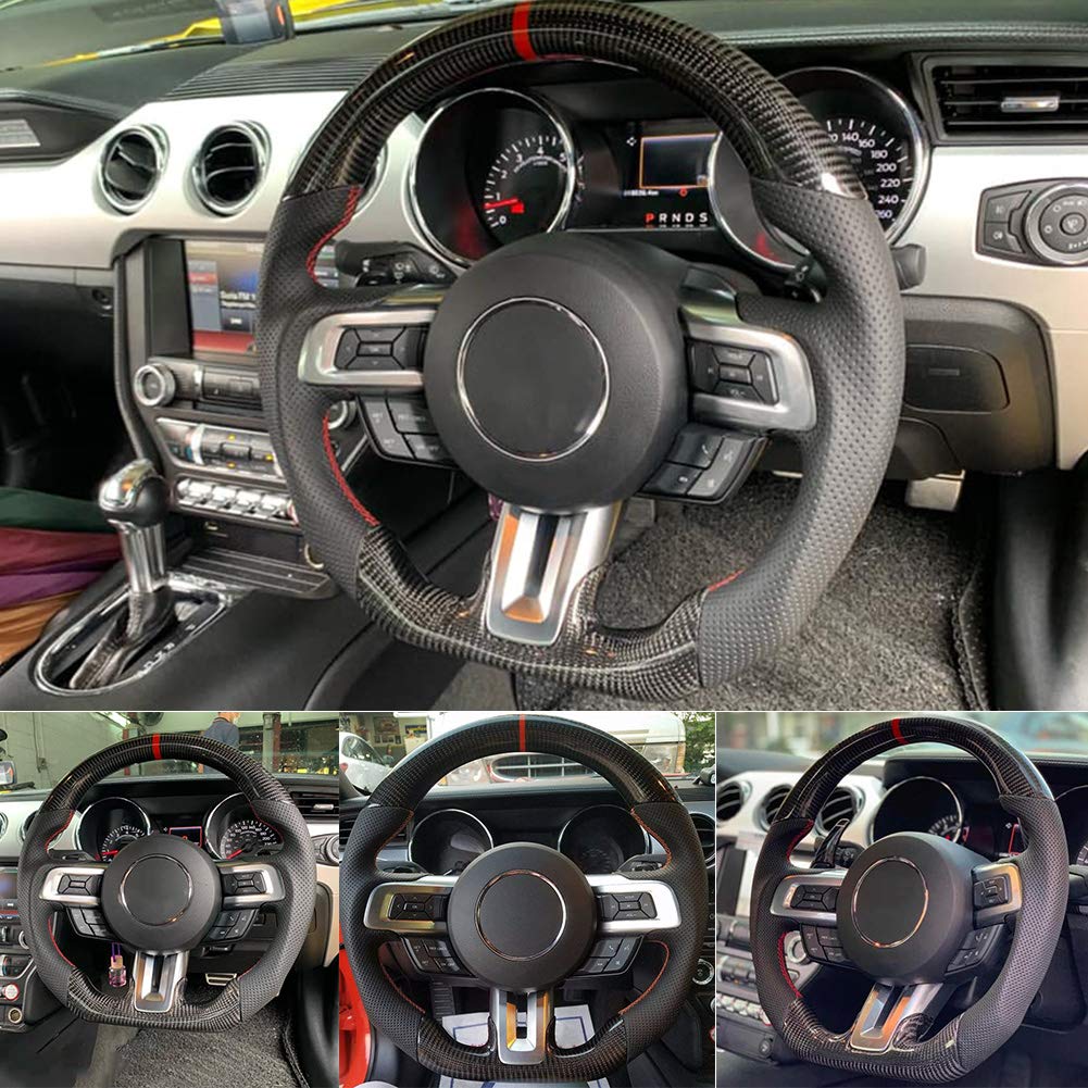 Car Steering Wheel,Carbon Fiber Steering Wheel Nappa Perforated Leather Red Stitching Auto Accessory Fit for V6/EcoBoost/GT/Shelby steering wheel steering wheel