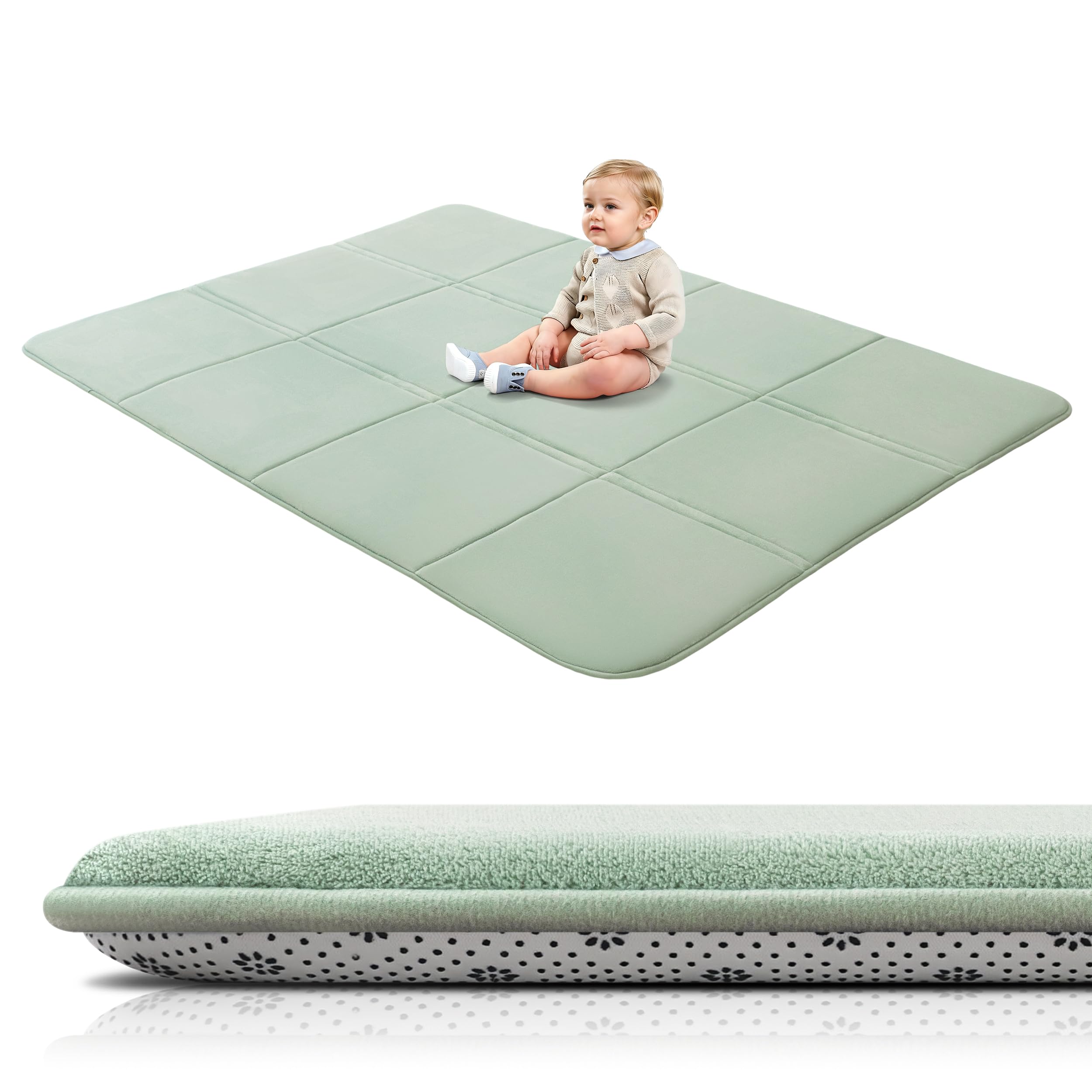 BYBYME 3cm Thick Baby Play Mat for Floor, 150 * 200cm Foldable Playpen Mat with Non-Slip Backing for Infant, Kids and Toddler Crawling, and Perfect Carpets for Yoga, Exercise, Light Green