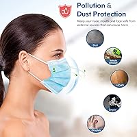 Vista 4 de HDFK Mascarilla desechable para adultos, 3 capas, no tejida, con clip para la nariz, cinta para las orejas, color azul, paquete de 50