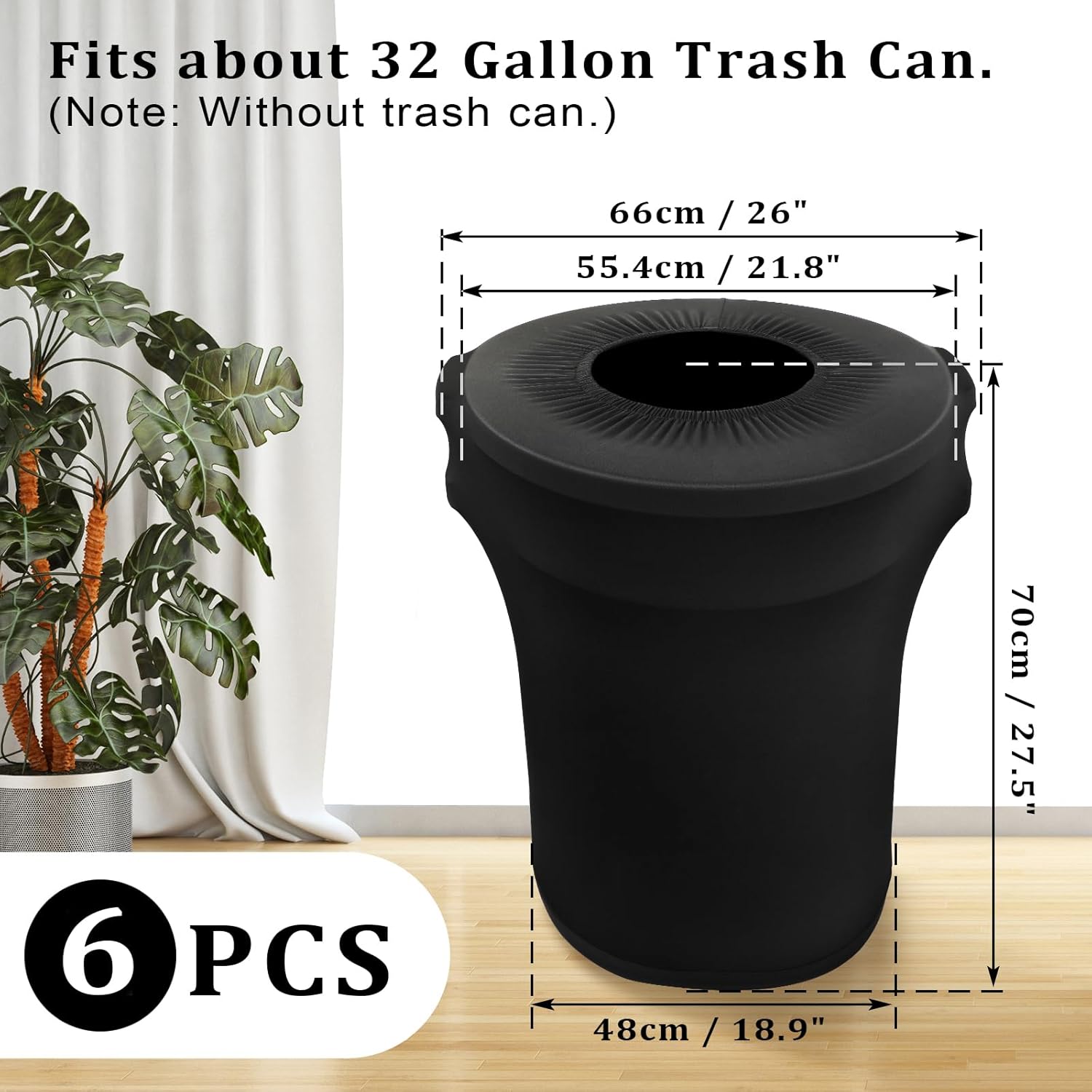 BSTKEY 32 Gallon Stretch Spandex Trash Can Cover, 6 Pack Outdoor Fitted Waste Container Cover Round Garbage Can Covers for Wedding Party Fundraiser Decor, Without Trash Can (Black)