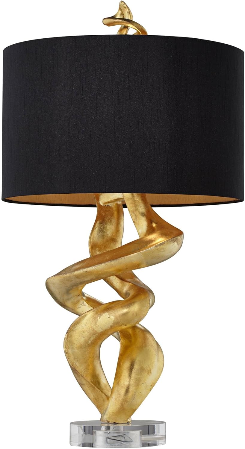 Kathy Ireland Impressions 33" Tall Sculpture Base Large Modern Luxury End Table Lamp Gold Leaf Finish Single Black Shade Living Room Bedroom Bedside Nightstand House Office Home Reading Kitchen