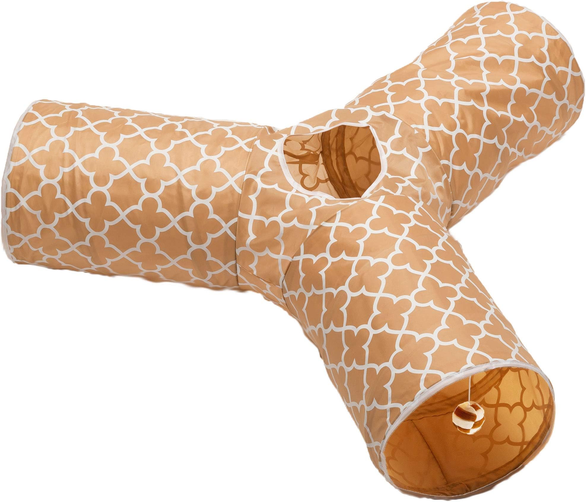 Cat Tunnel - Collapsible 3 Way Quatrefoil Play Toy - Tube Fun for Rabbits, Kittens, and Dogs - Quatrefoil Brown/White