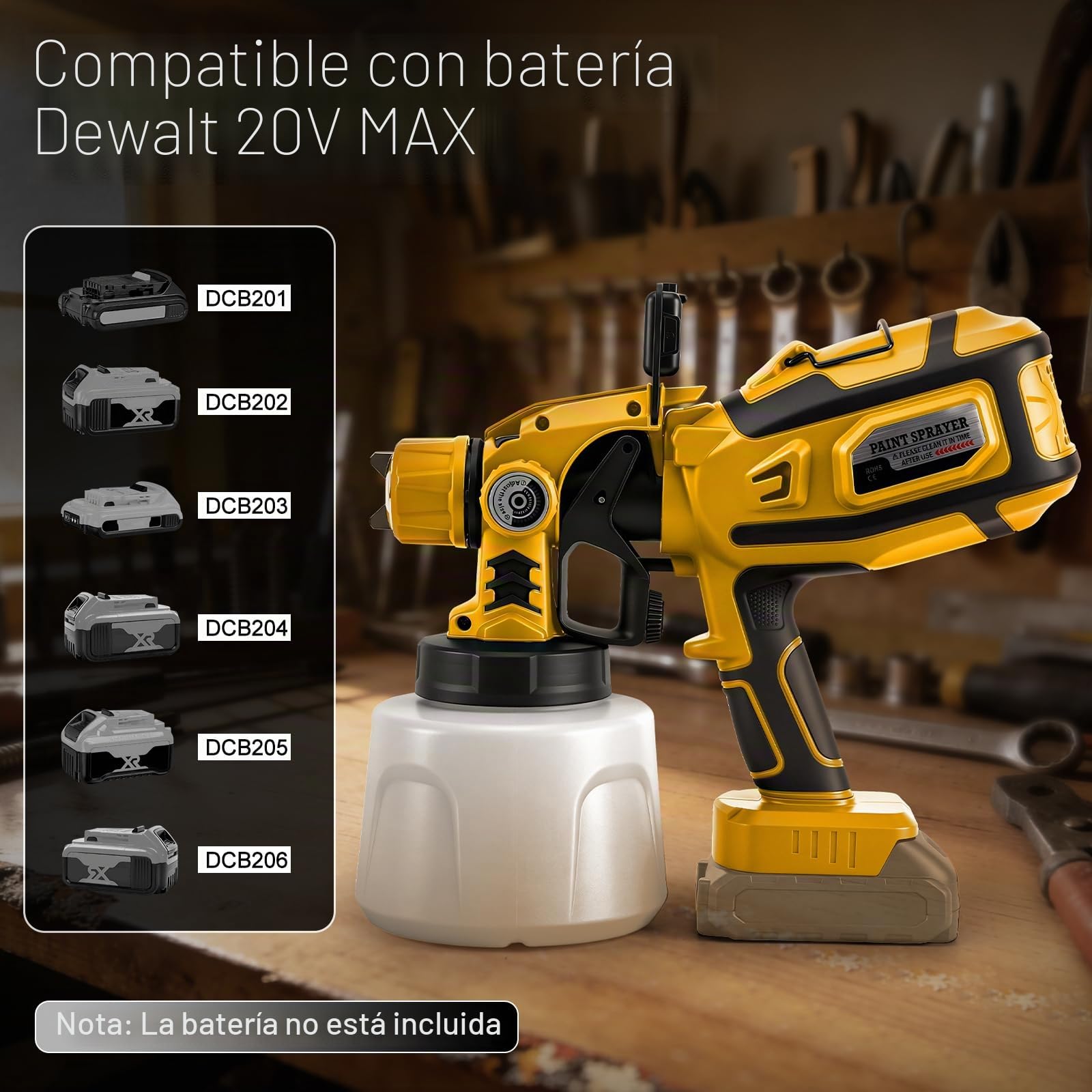 Pulverizador de Pintura Inalámbrico con LED para Dewalt 20V (sin batería) | 200W, Sistema de Pintura Eléctrico, Depósito 1,4L, 3 Patrones, 5 Boquillas, Cepillo, Guantes, Gafas
