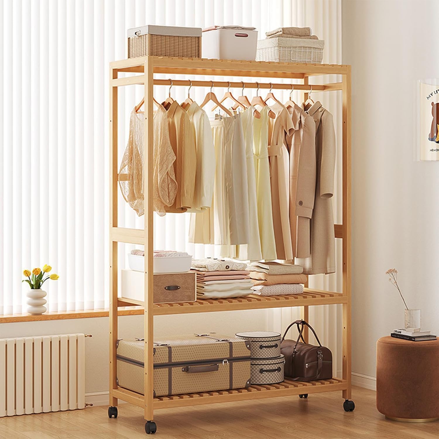 FGXHHS Bamboo Freestanding Coat Rack with 360-Degree Swivel Castors, Hanging Rail, Modern Wardrobe Rail for Bedroom and Hallway (83X34X160CM)