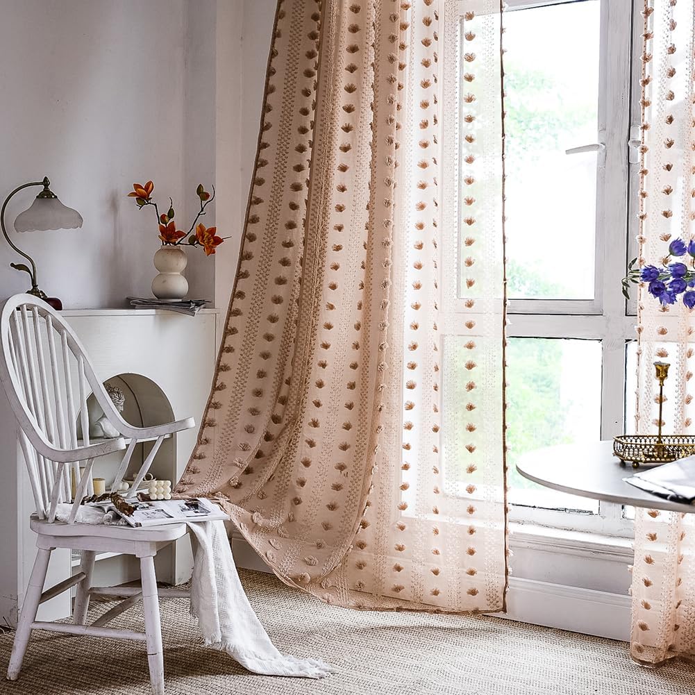 vctops Boho Sheer Window Curtain Pom Pom Tufted Semi Sheer Window Treatment Drapes Shabby Chic Rod Pocket Privacy Window Curtains for Bedroom Living Room, 1 Panel (Coffee,52"x96")