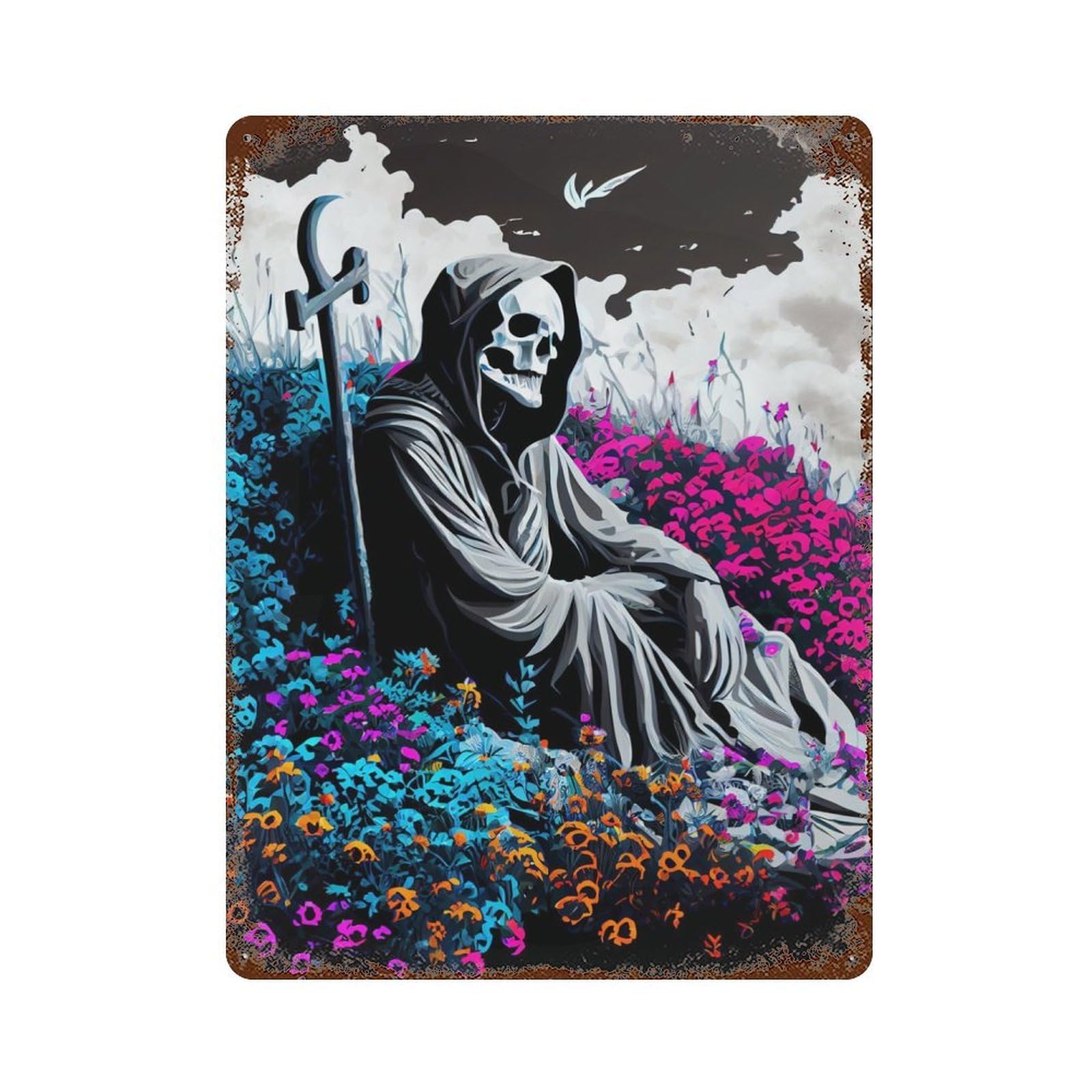 Rust Effect Reapers Rest Aged Metal Wall Plaque 15.7"x11.8", Rustic Home Decor for Bistro, Counter And Cafe Decor