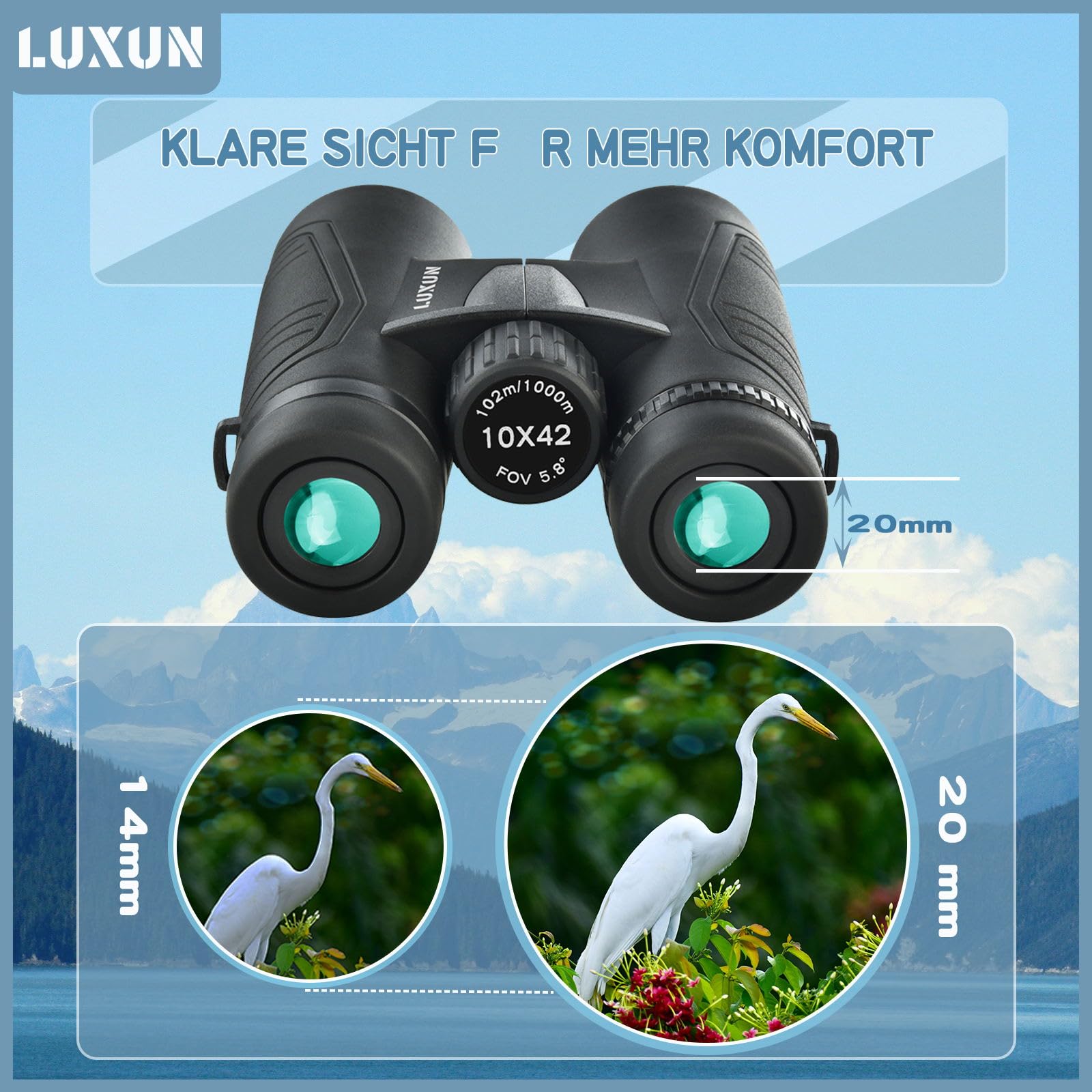 LUXUN Prismáticos de 10 x 42 para adultos, HD, para caza, observación de aves y senderismo, safari, lente FMC, con adaptador para teléfono móvil