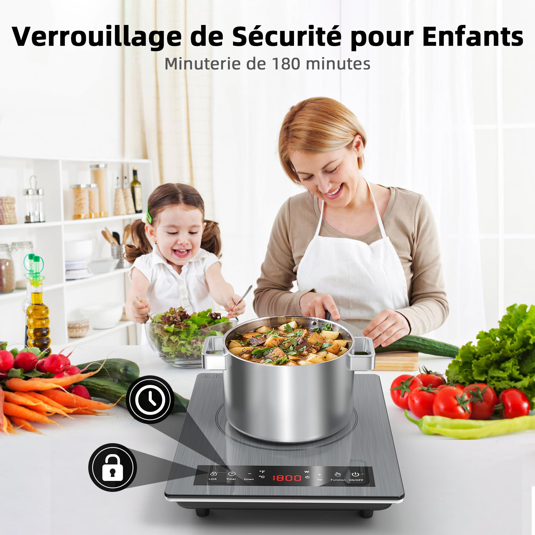VBGK Tables de Cuisson, 1800W Plaque de Cuisson Electrique, plaque Induction Portable avec Contrôle Tactile, 10 Niveaux de Température, Verrouillage de Sécurité, Minuterie, Plaque à Induction Portable