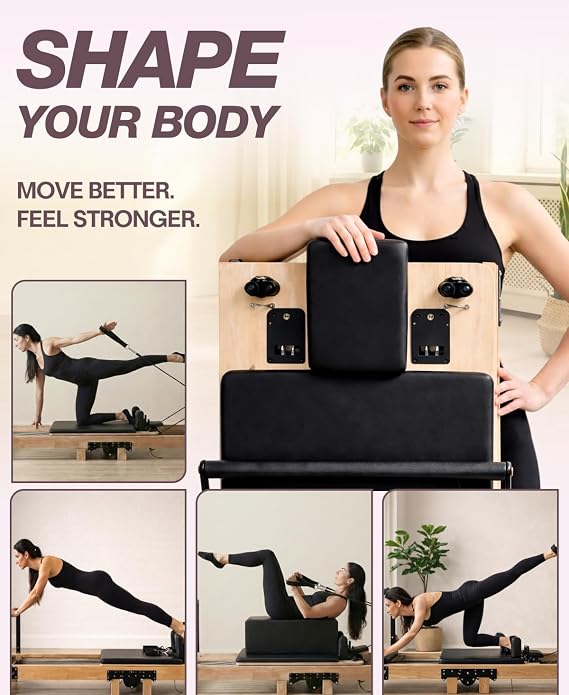 Foldable Pilates Reformer Machine - 91 in Easy Assembly with Included Sitting Box, Jumpboard, and Accessories - Wooden Foldable Reformer Pilates Machine for Home Workout or Professional Studio