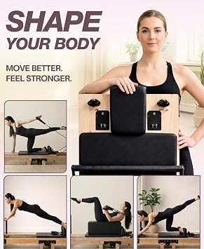 Foldable Pilates Reformer Machine - 91 in Easy Assembly with Included Sitting Box, Jumpboard, and Accessories - Wooden Foldable Reformer Pilates Machine for Home Workout or Professional Studio