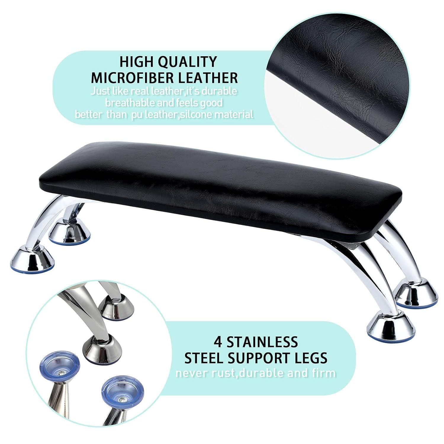 DMDENT Nail Arm Rest for Acrylic Nails, Microfiber Leather Nail Hand Rest Cushion for Nails, Soft Hand Pillow Footstool with 4 Stainless Steel Stand Thick Sponge Nail Arm Rest Pillow for Nail Tech Use(black) 2