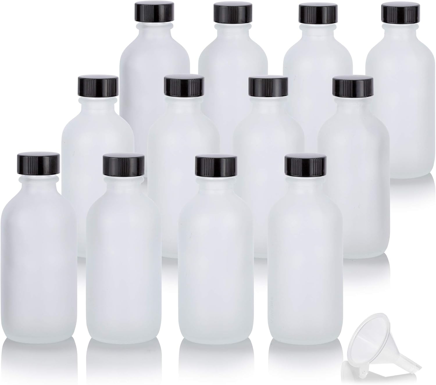 JUVITUS (12 Pack) 2 oz Frosted Clear Glass Boston Round Bottle with Phenolic Cap + Funnel Smell and Leak Proof