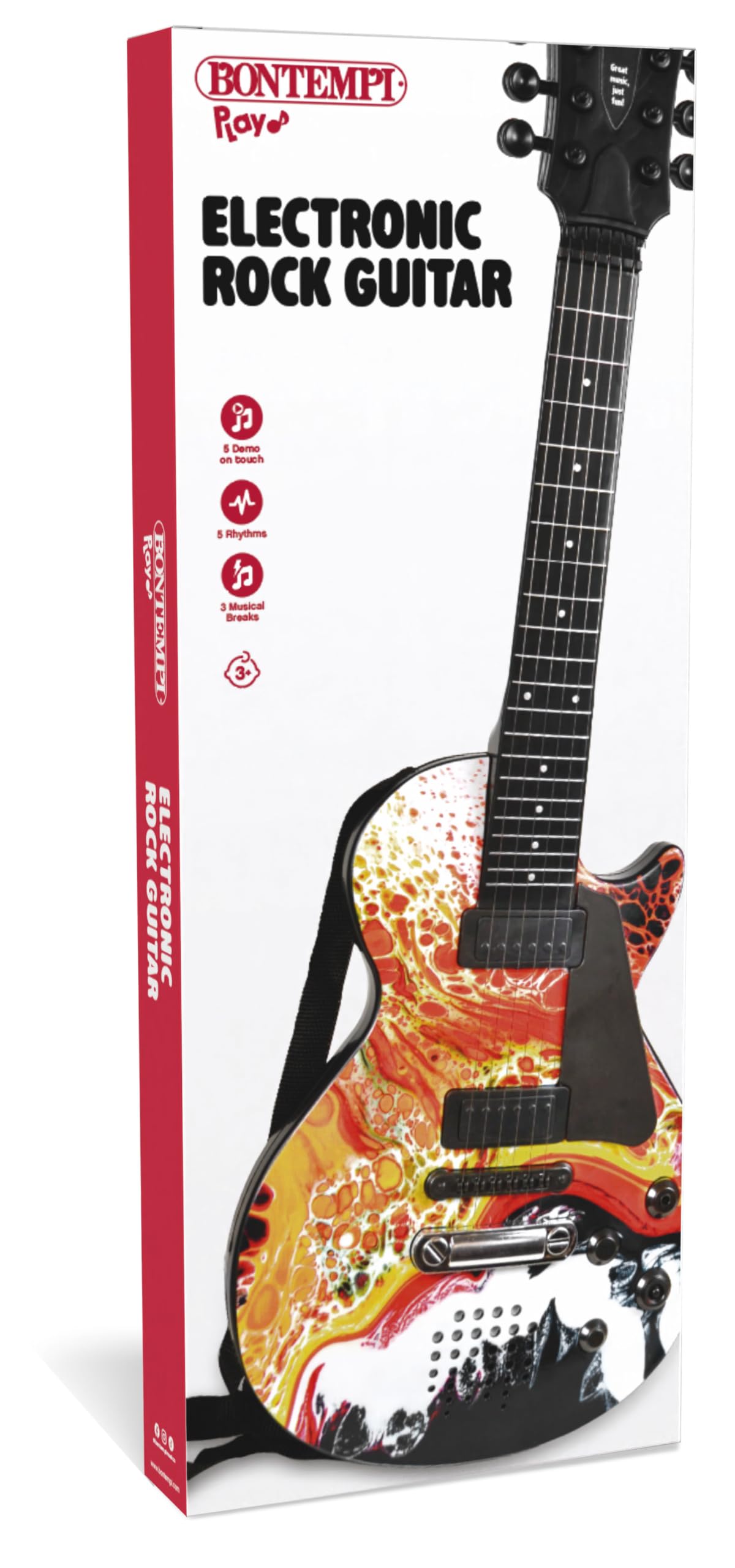 BONTEMPI - Chitarra Rock Elettronica con 6 Corde di Metallo 5 Demo Rock 3 Stacchi Musicali 5 Ritmi Spegnimento Automatico Cinghia Tracolla Presa Microfono 560mm