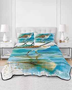 Twin Size Quilt Bedding Set, Coastal Birds Lightweight Soft Quilts Comforter, Modern Watercolor Animals on Waves Teal Blue Quilted Bedspread with 2 Pillow Covers for All Season 68" x 86"