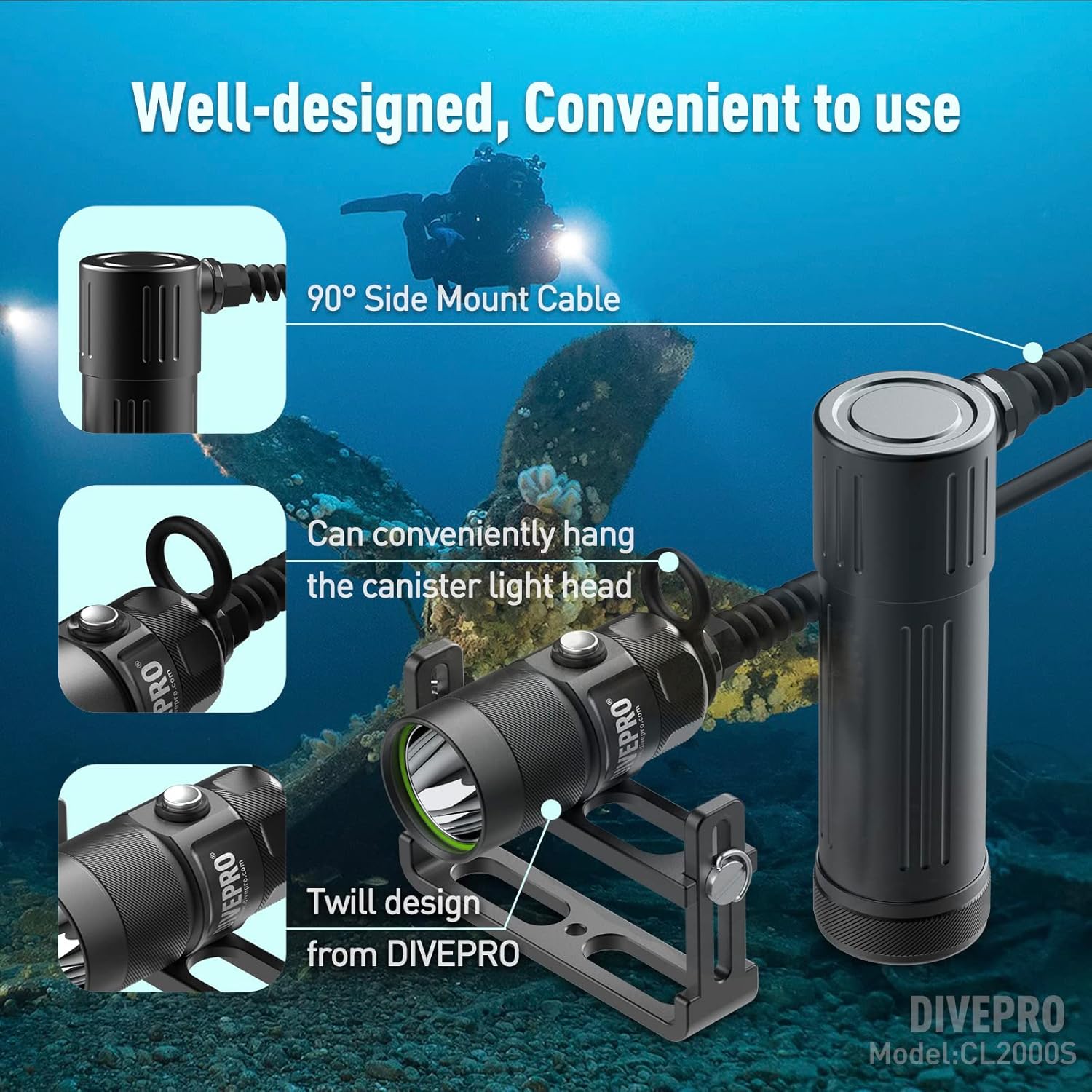 Dive Light Scuba Diving Flashlight 2000 Lumen- IPX8 Waterproof Flashlight - 3 Modes Underwater Lights with Power Indicator (Small: CL2000S)