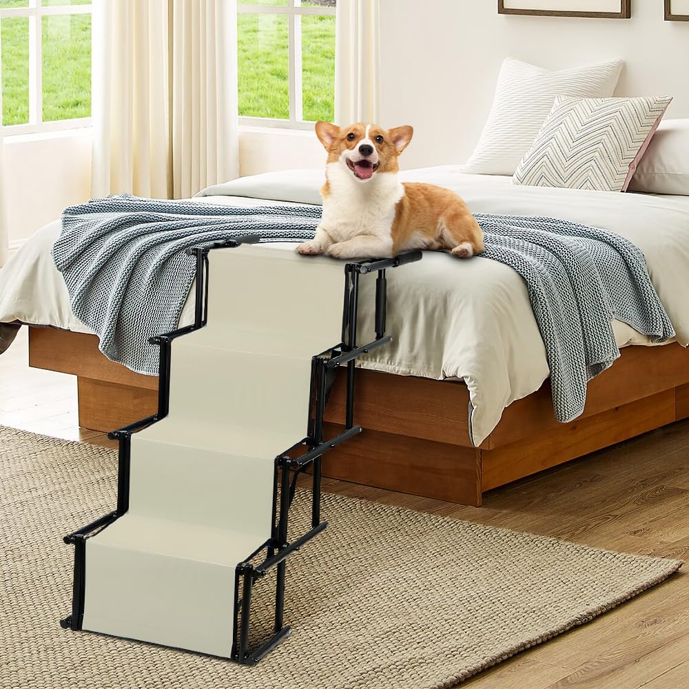 Rampe de Voiture Pliable pour Chien, Escalier à 4 Marches pour Animaux de Compagnie, Utilisable pour Tous Les véhicules, Chargable jusqu'à 75 kg Imperméable Polyester Oxford Métal (Beige)