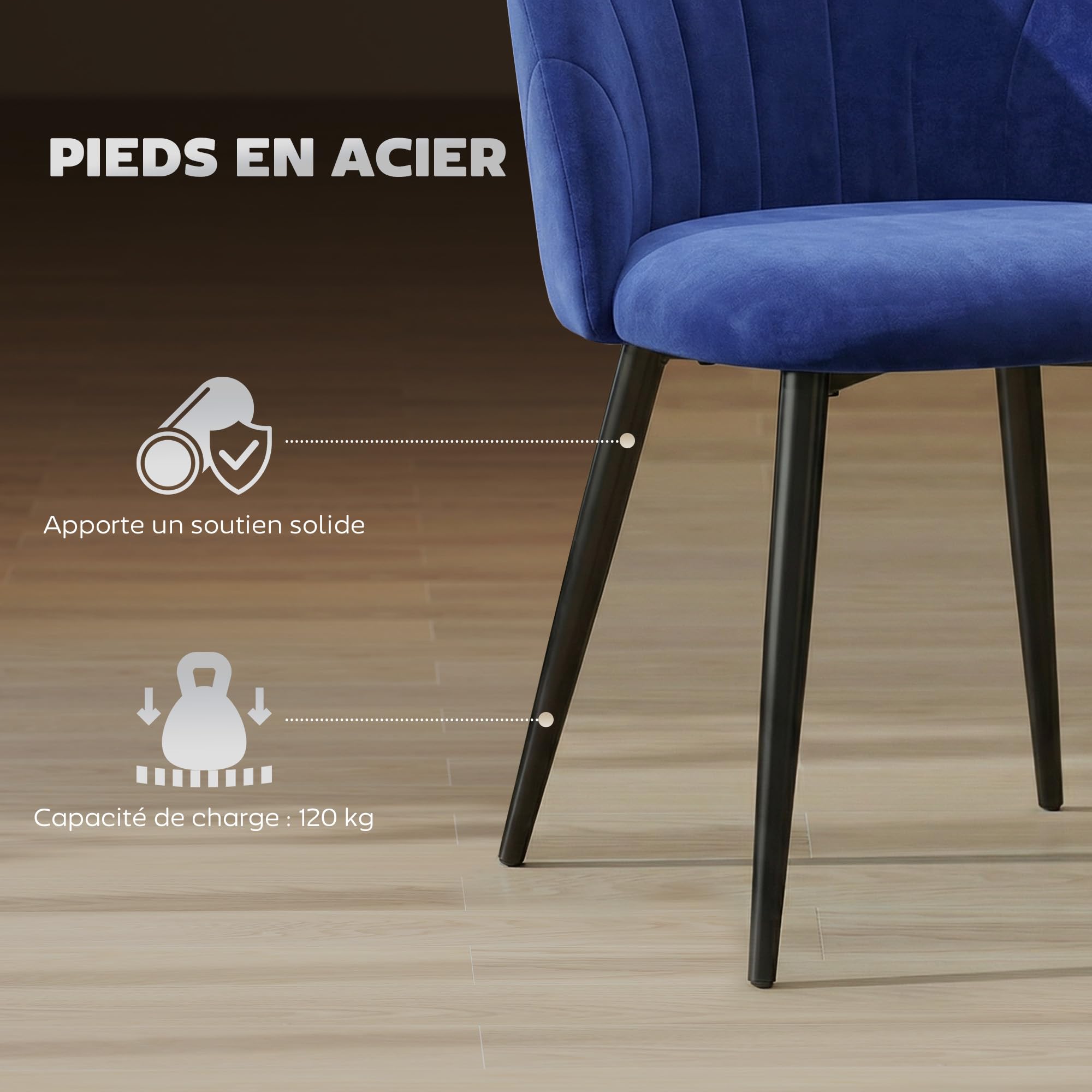 HOMCOM Lot de 2 Chaises de Salle à Manger Rembourrées sans Accoudoirs Bleu | Chaises de Cuisine, Sans Accoudoirs, Assise Large, Pieds en Acier, Tissu en Velours, pour Salon, Maison