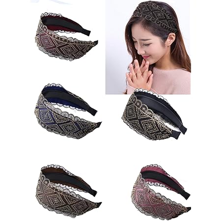 DORIS&JACKYFashion 2.5 Inch Wide Lace Headbands Elastic Hairbands With Teeth Headwear Accessories For Women And Girls (Lozenge pattern-5 pcs)
