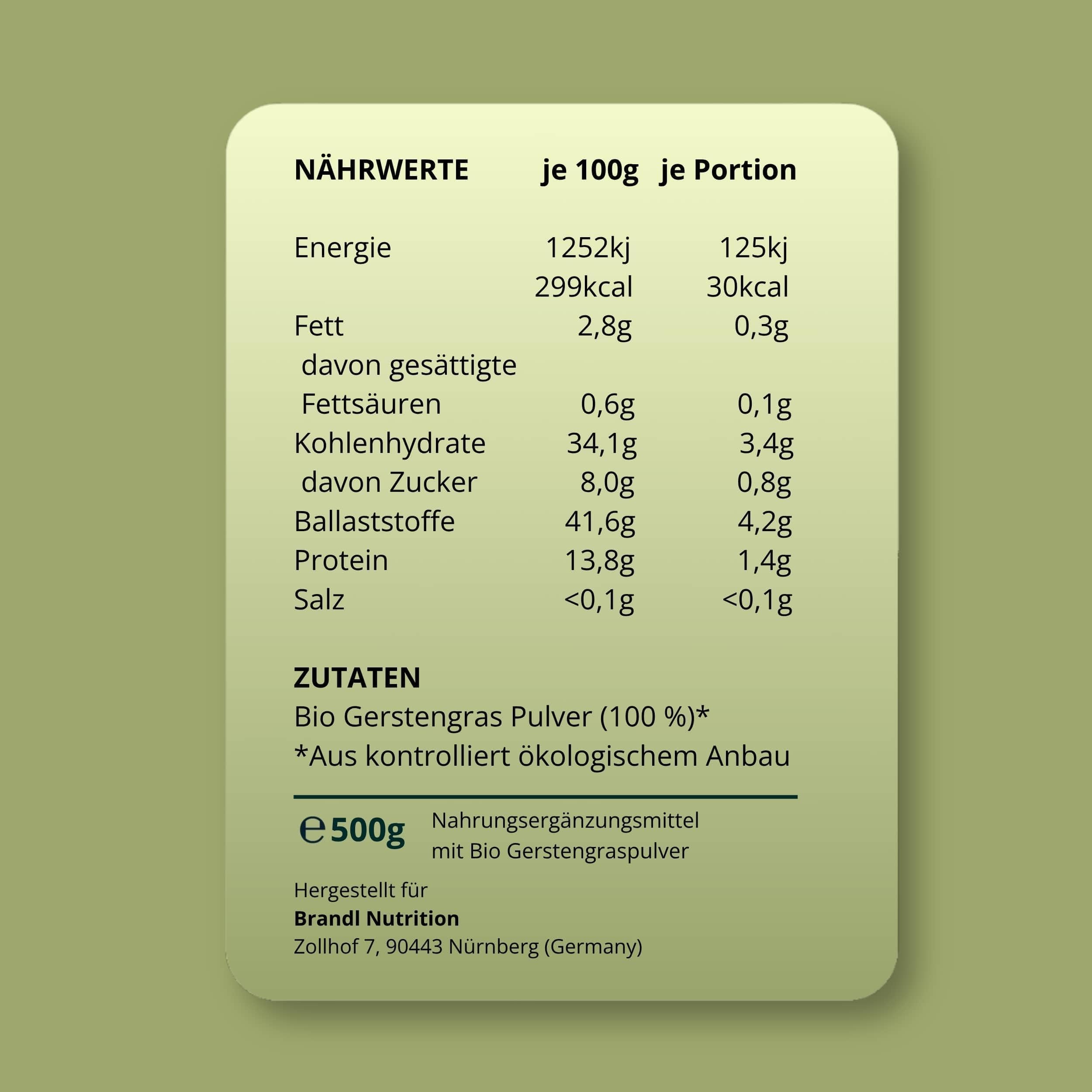 Gerstengraspulver BIO - natürliches Gerstengras Premiumqualität - optimal für Sportler, Rohkost-Qualität aus Bayern und abgefüllt in Deutschland, laborgeprüft - 500g Bio Gerstengras Pulver by brandl®