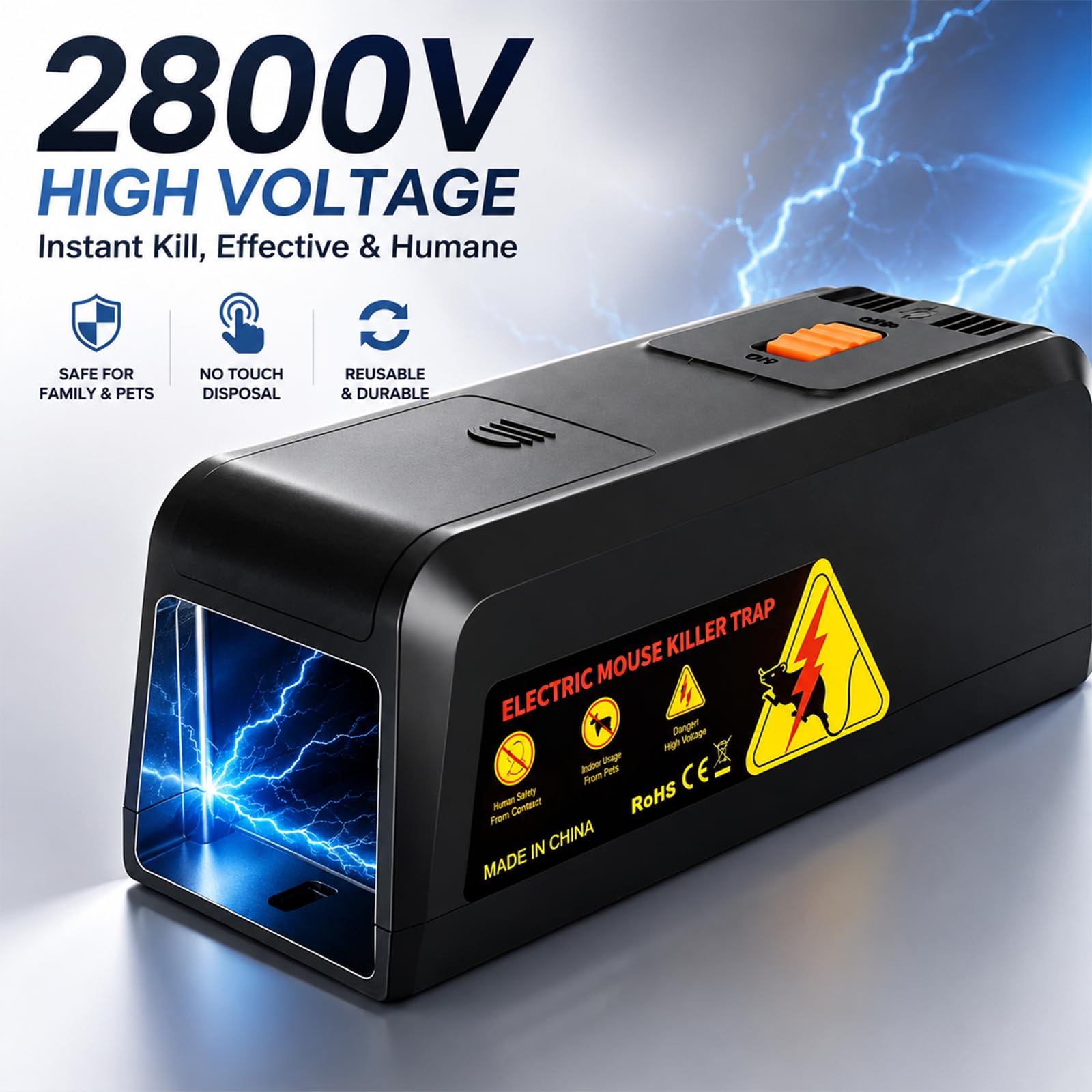 Rattenfalle Elektrisch 2800V, Elektrische Mausefalle mit Großem Einlass, Wiederverwendbar, Hygienisch, Für Haus, Keller, Garage