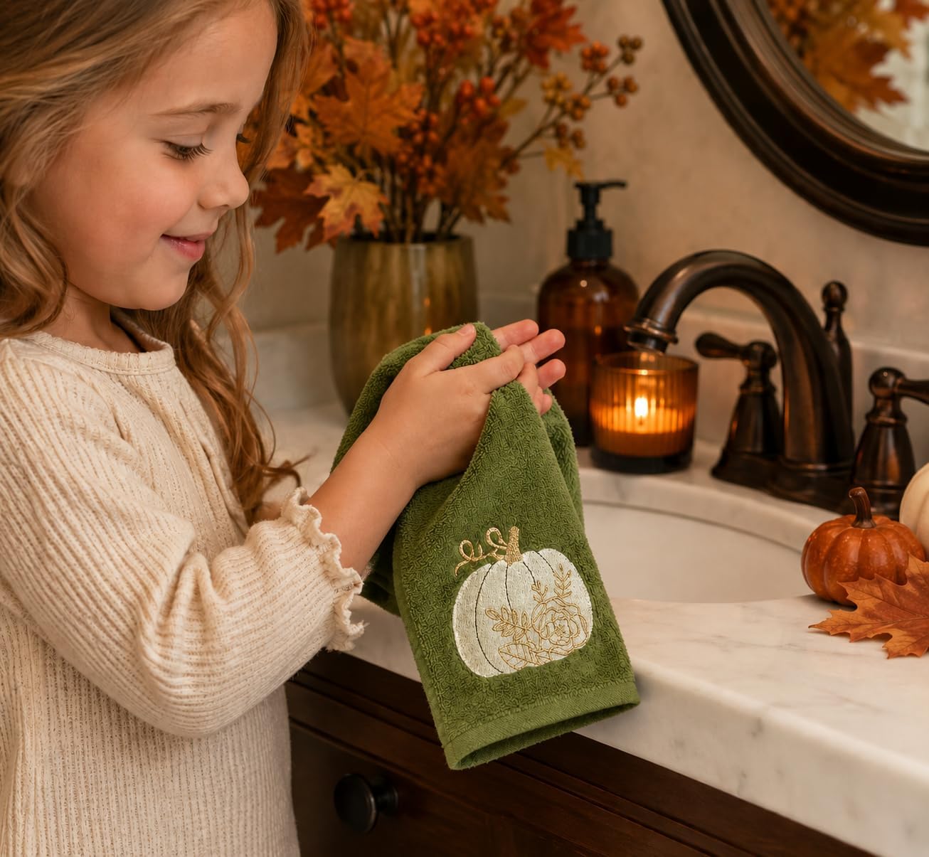 Fall Green Fingertip Guest BathroomTowels, Golr & White Pumpkin, 12x18" | Set of 2, 100% Soft Cotton Velour, Embroidered Autumn Farmhouse Decor for Bath or Kitchen, Perfect for Parties & Gifts