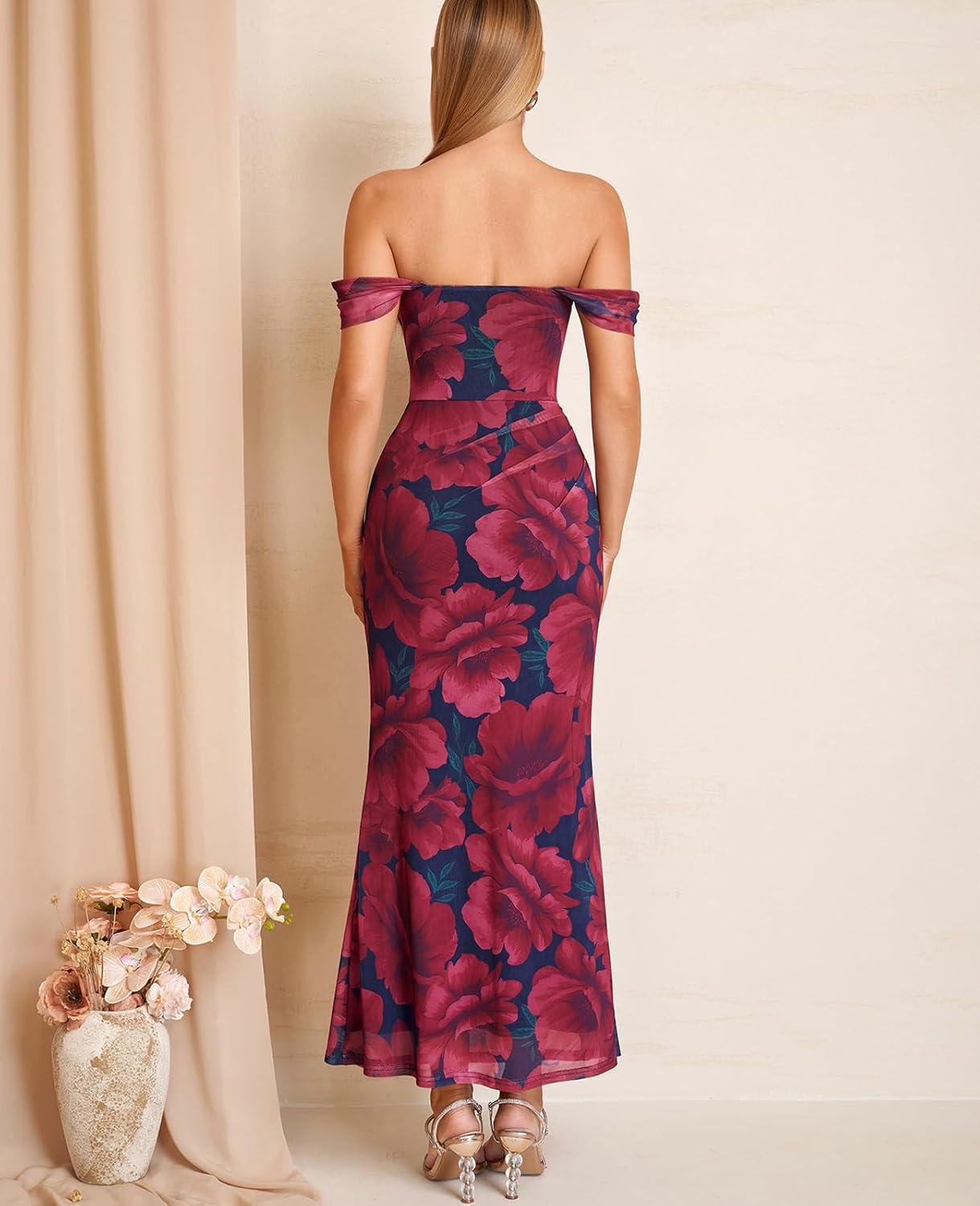 GLNEGE Womens Off the Shoulder Corset Formal Wedding Guest Maxi Dress Ruched Bodycon Long Cocktail Dresses