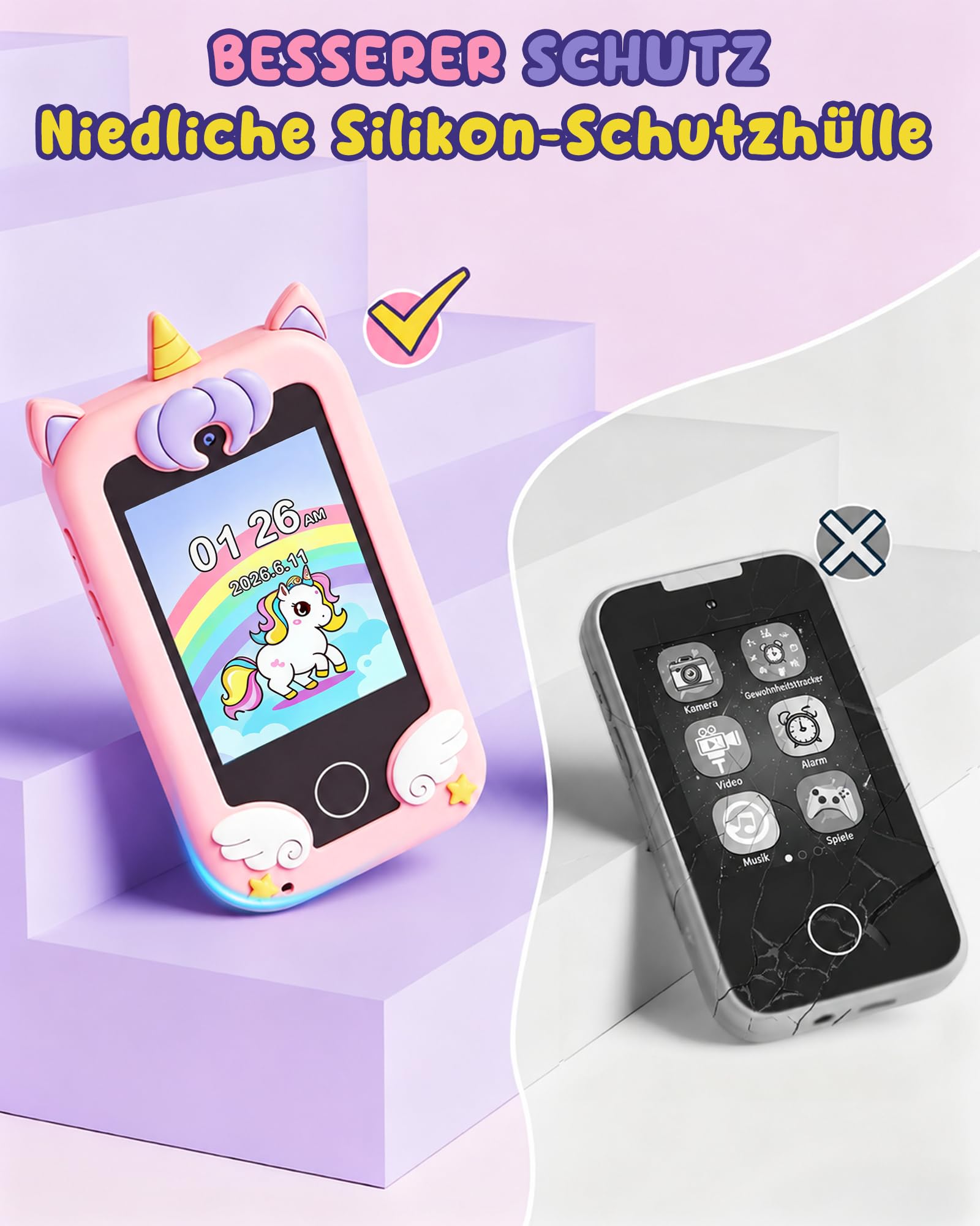 UCIDCI Kinder Handy Spielzeug mit Dual-Kamera für 3-7 Jahre, Lernspielzeug & MP3-Player, Rosa