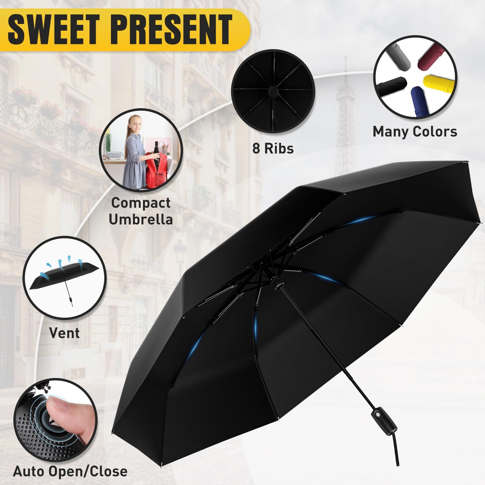 Windproof Travel Umbrella, Compact Umbrella, Car Umbrellas for Rain & Sun, 8 Fiberglass Ribs for Strong UV & Wind Resistance, Portable, Lightweight, Vent, Easy Automatic Open/Close