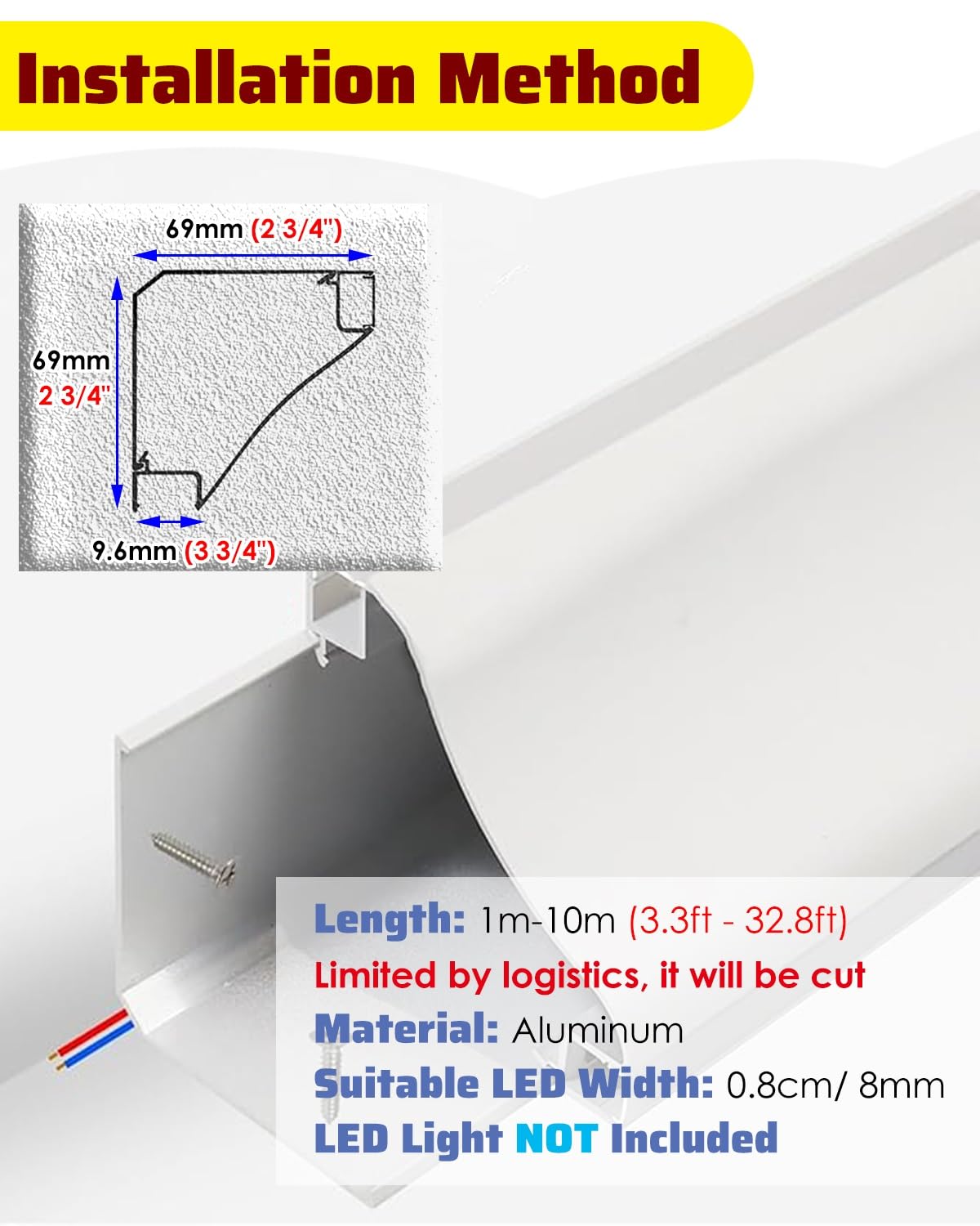 Genérico Perfil LED de iluminación para Salas de Estar, hoteles, centros comerciales y teatros - Decoración de molduras, 1-10 m (850 cm/334,6 pulgadas/27,9 pies) - Solución de iluminación Interior el