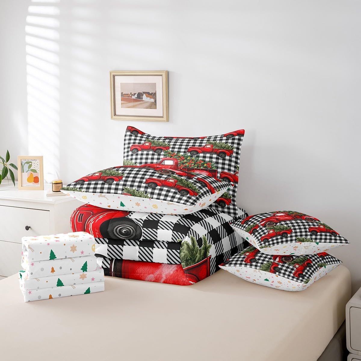 Manfei Christmas Truck 7 Pcs Comforter Set,Red Bowknots Xmas Pine Trees Bedding Set,Retro Black White Geometric Plaids Patchwork Bed Set(Comforter+Fitted+Flat Sheet+Pillowcases+Pillow Covers),Full