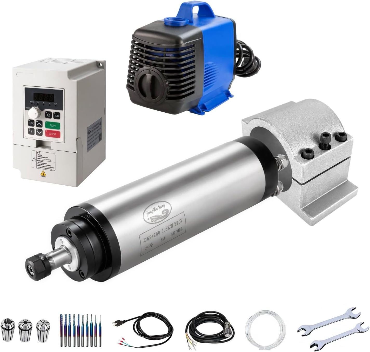 CNC Spindle Motor Kits 220V 1.5KW 65mm Water Cooled Spindle Motor CNC Motor + 1.5KW VFD + Clamp Bracket + Water Pump + Water Pipe + ER11 Collet Set + Drill for CNC Milling Machine
