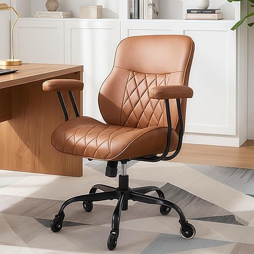 BEWISHOME Brown Leather Office Chair– Features Rubber Wheels and Lumbar