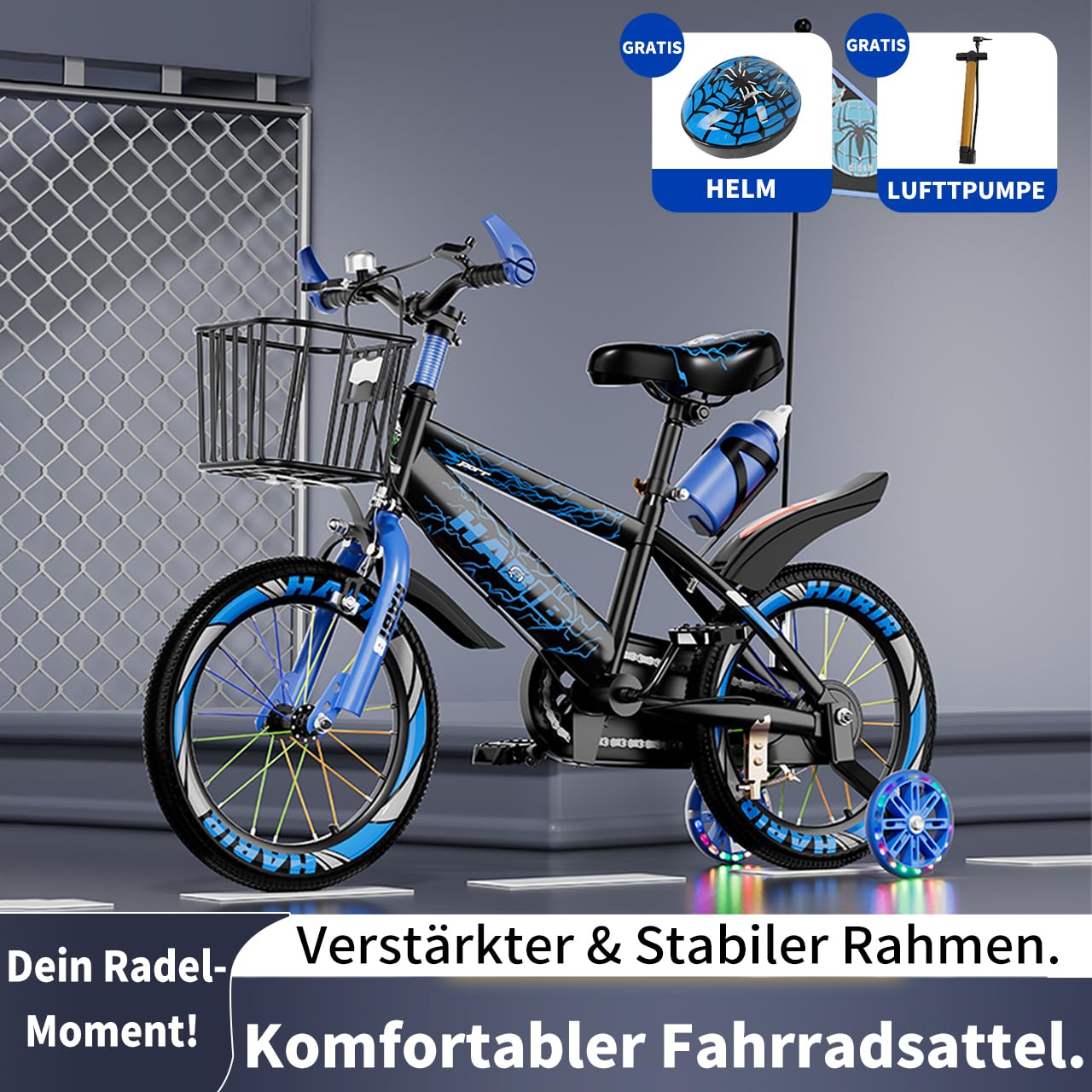 Habib Kinderfahrrad Jungenfahrrad 12 14 16 Zoll ab 3 Jahre – mit LED Stützrädern, Korb, Klingel & GRATIS Helm & Pumpe, Vorderradbremse