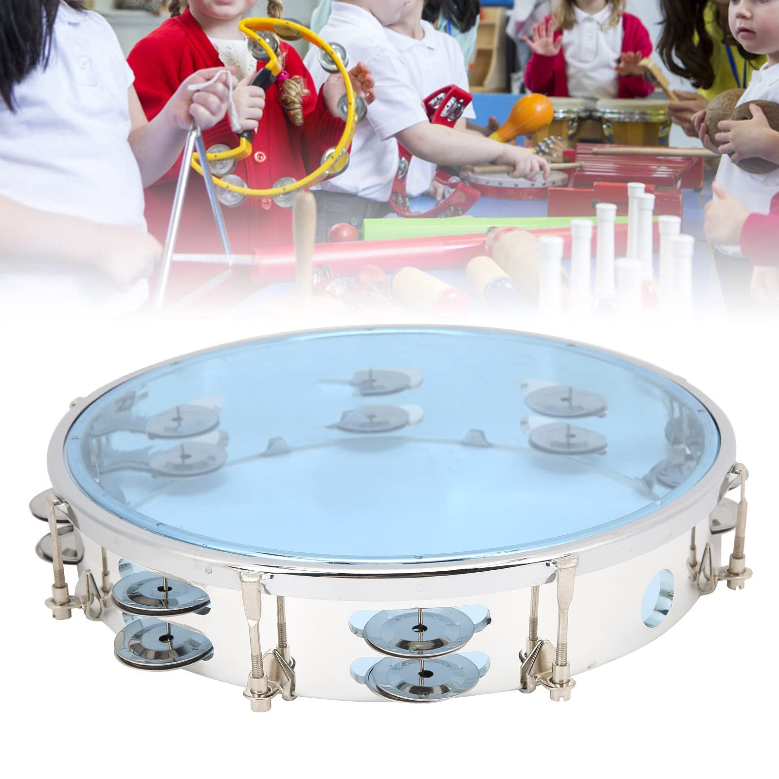 Tamburello per Adulti 10 Pollici Double Row Metal Jingles Strumento Musicale a Tamburo Educativo Tenuto in Mano per Giochi di Società(blu)